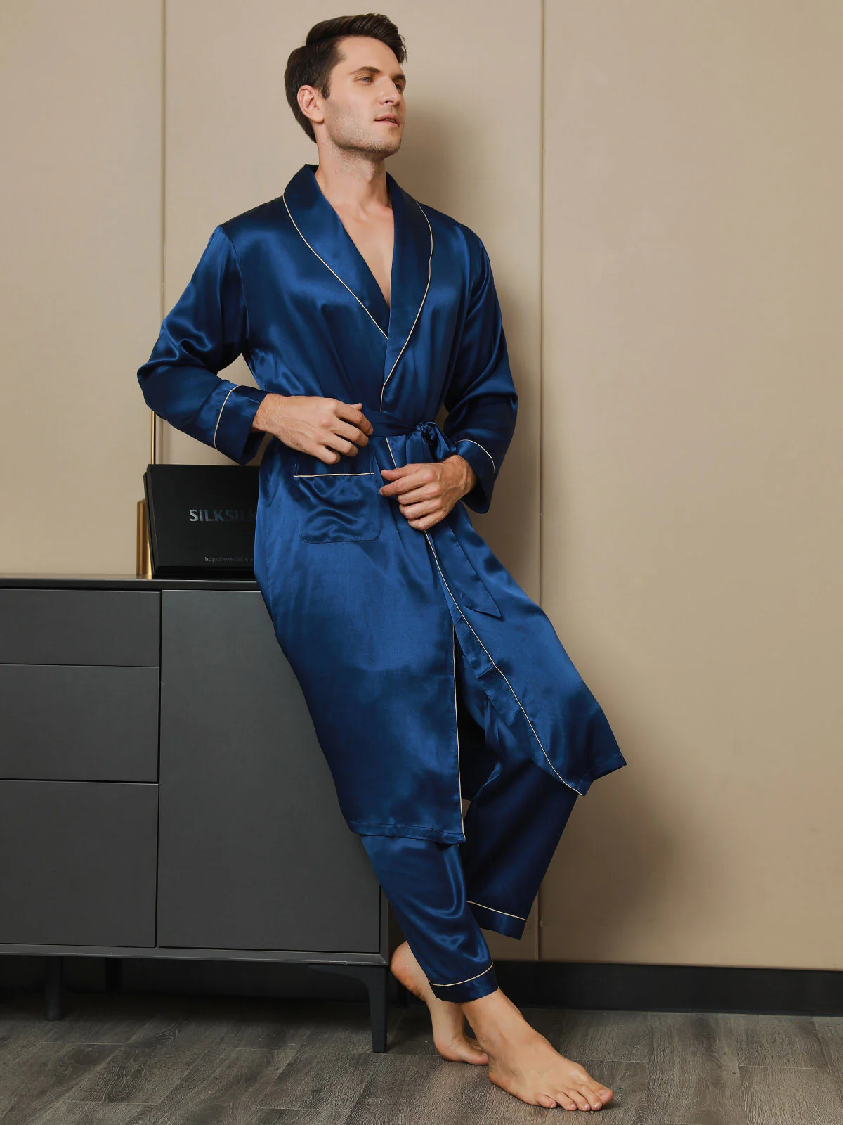 Pure Silk Lapel Collar Belted Robe (Without Pants) - Image 12