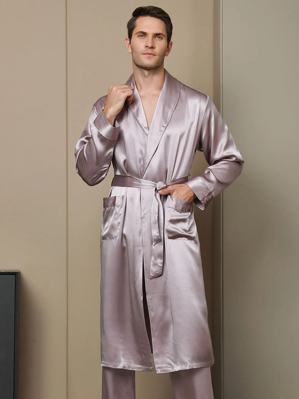 Pure Silk Lapel Collar Belted Robe (Without Pants) - Image 13