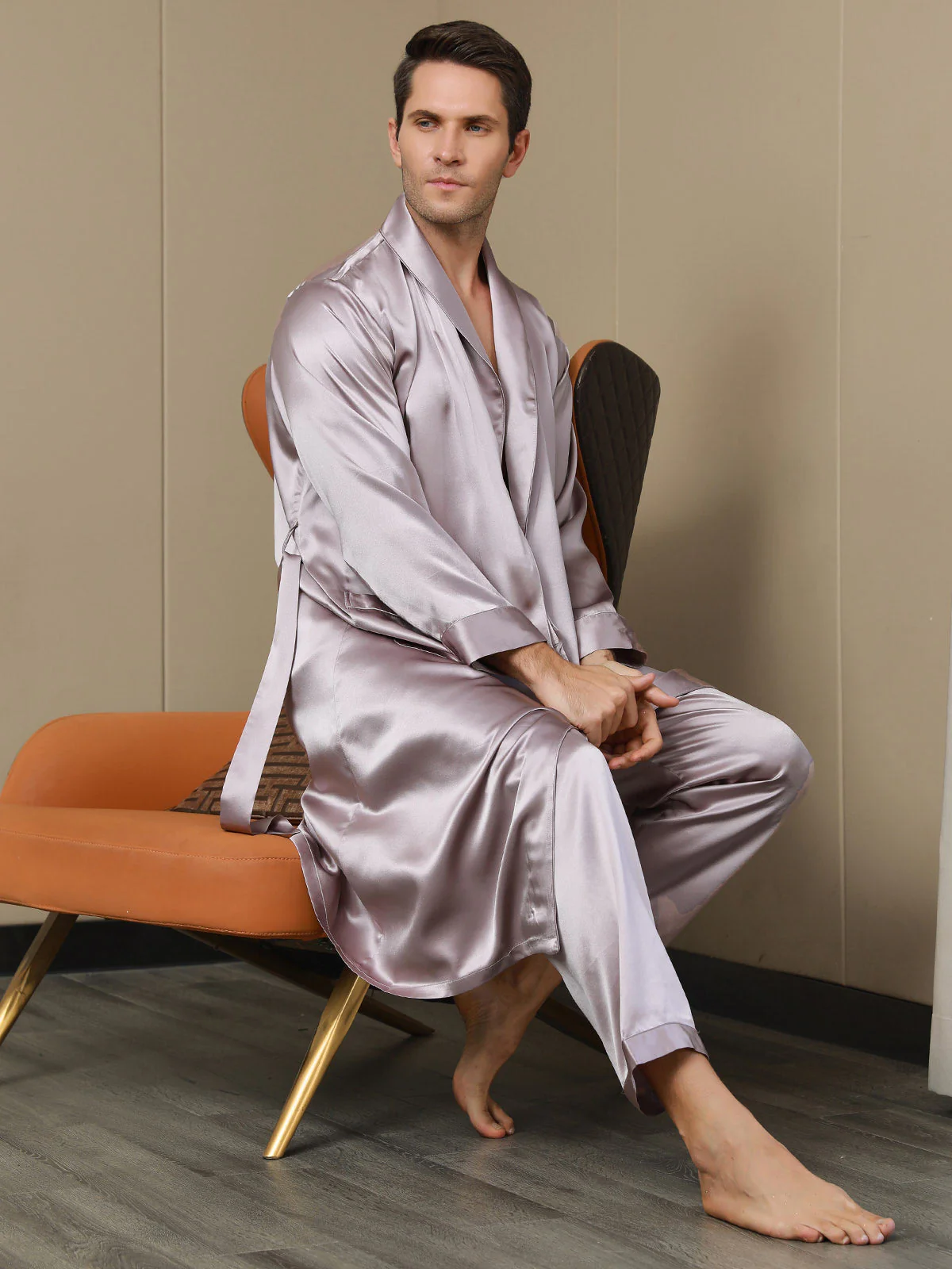 Pure Silk Lapel Collar Belted Robe (Without Pants) - Image 15