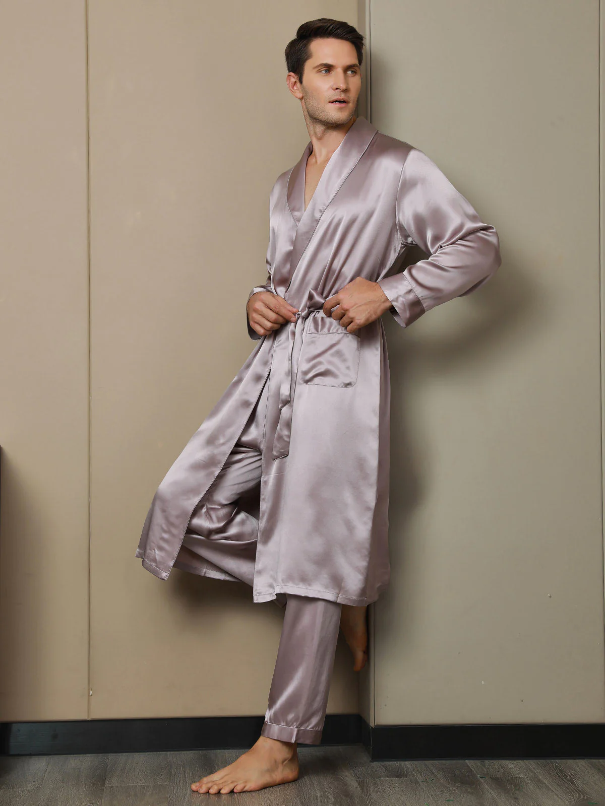 Pure Silk Lapel Collar Belted Robe (Without Pants) - Image 18
