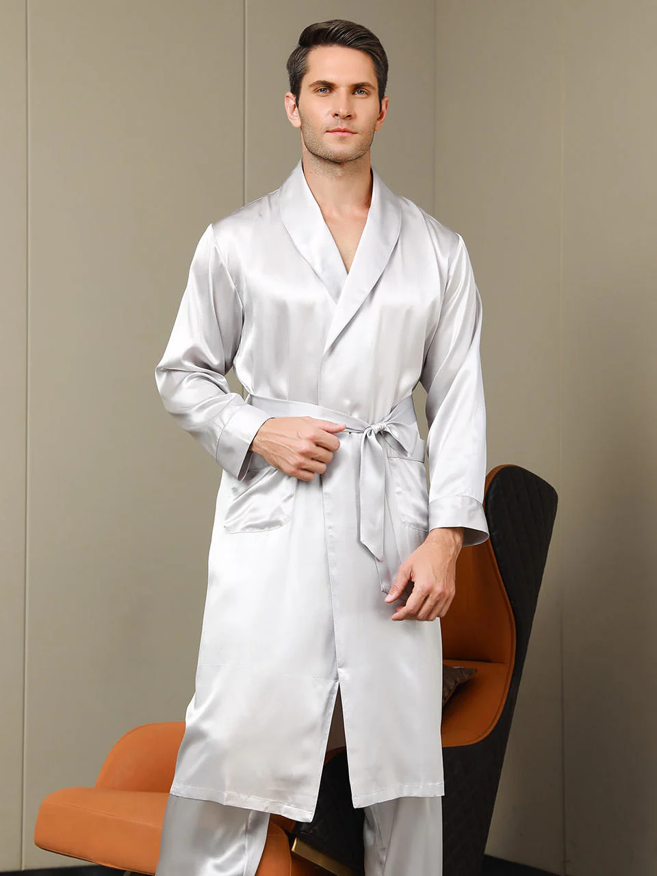 Pure Silk Lapel Collar Belted Robe (Without Pants) - Image 19