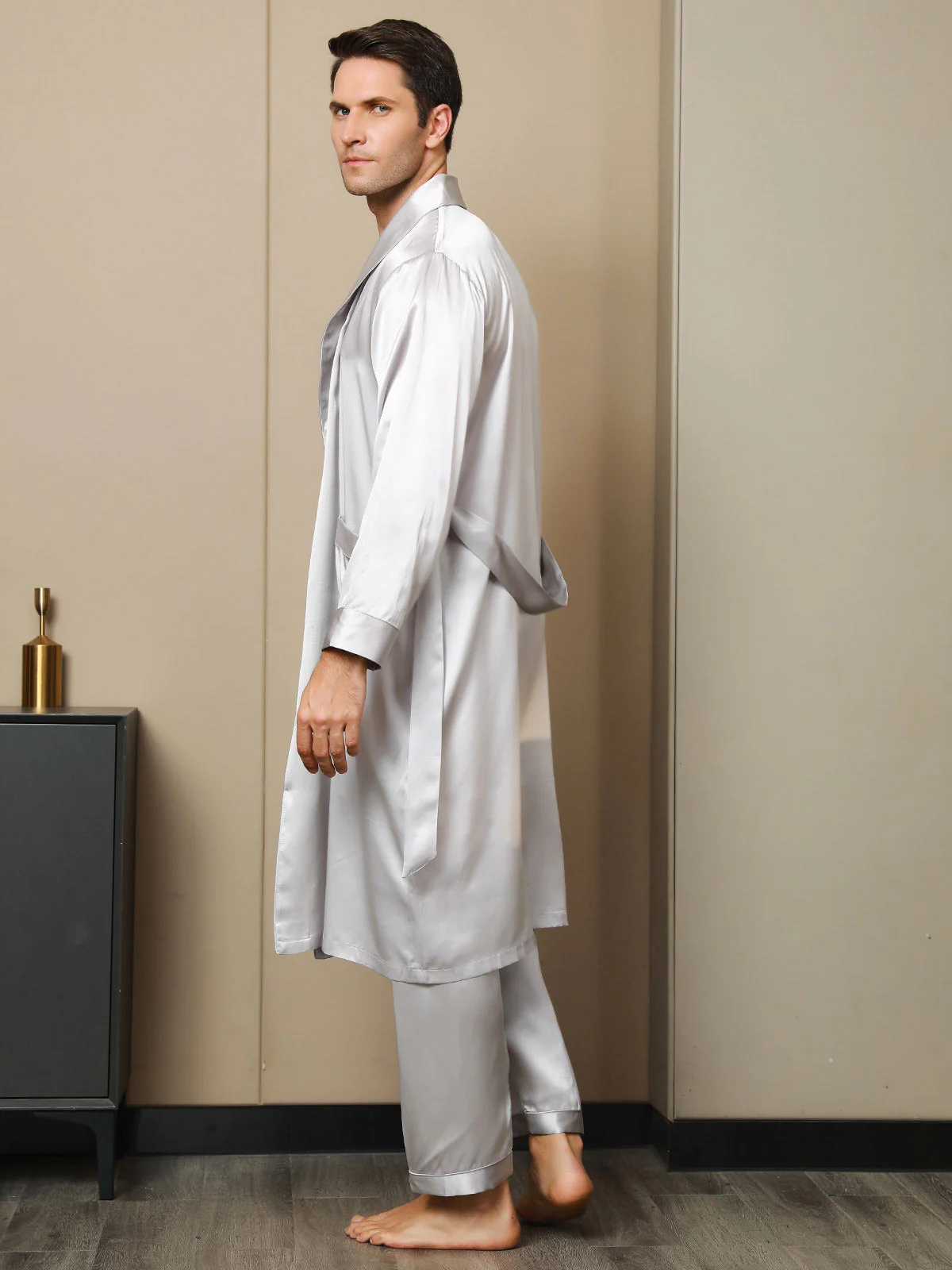 Pure Silk Lapel Collar Belted Robe (Without Pants) - Image 20
