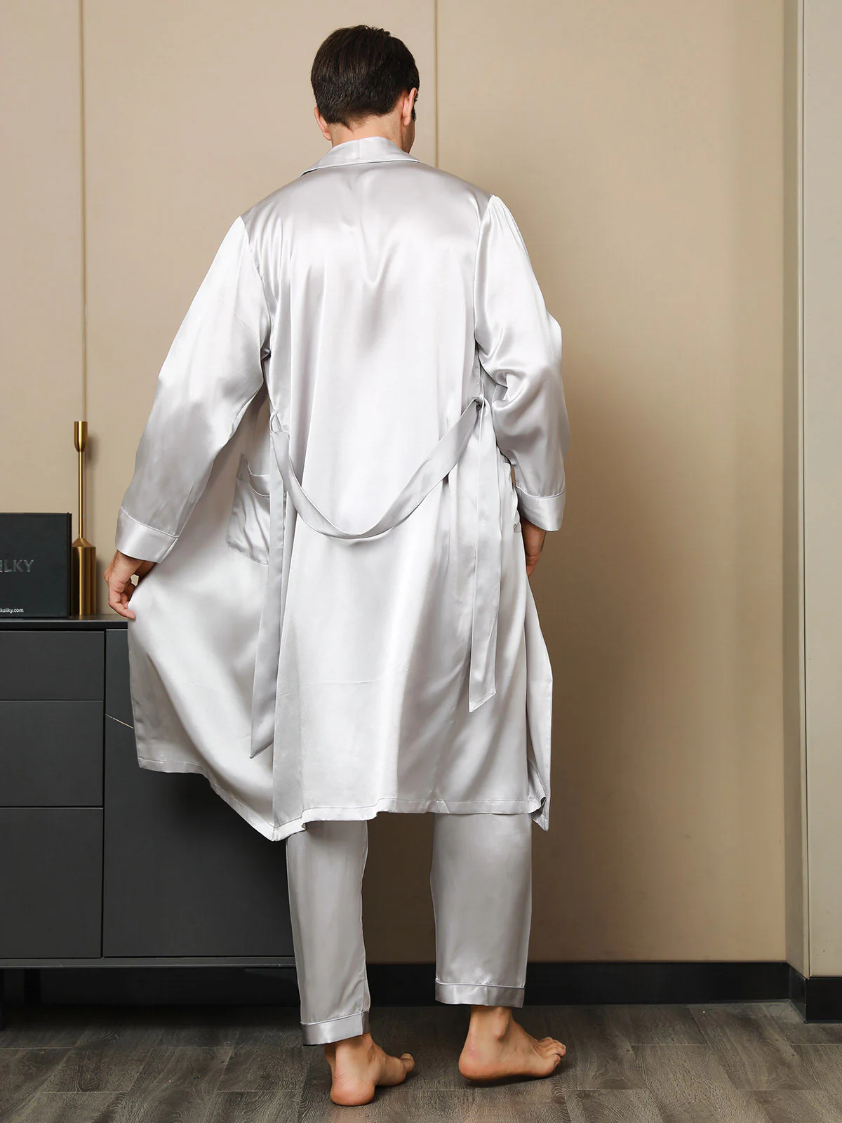 Pure Silk Lapel Collar Belted Robe (Without Pants) - Image 21
