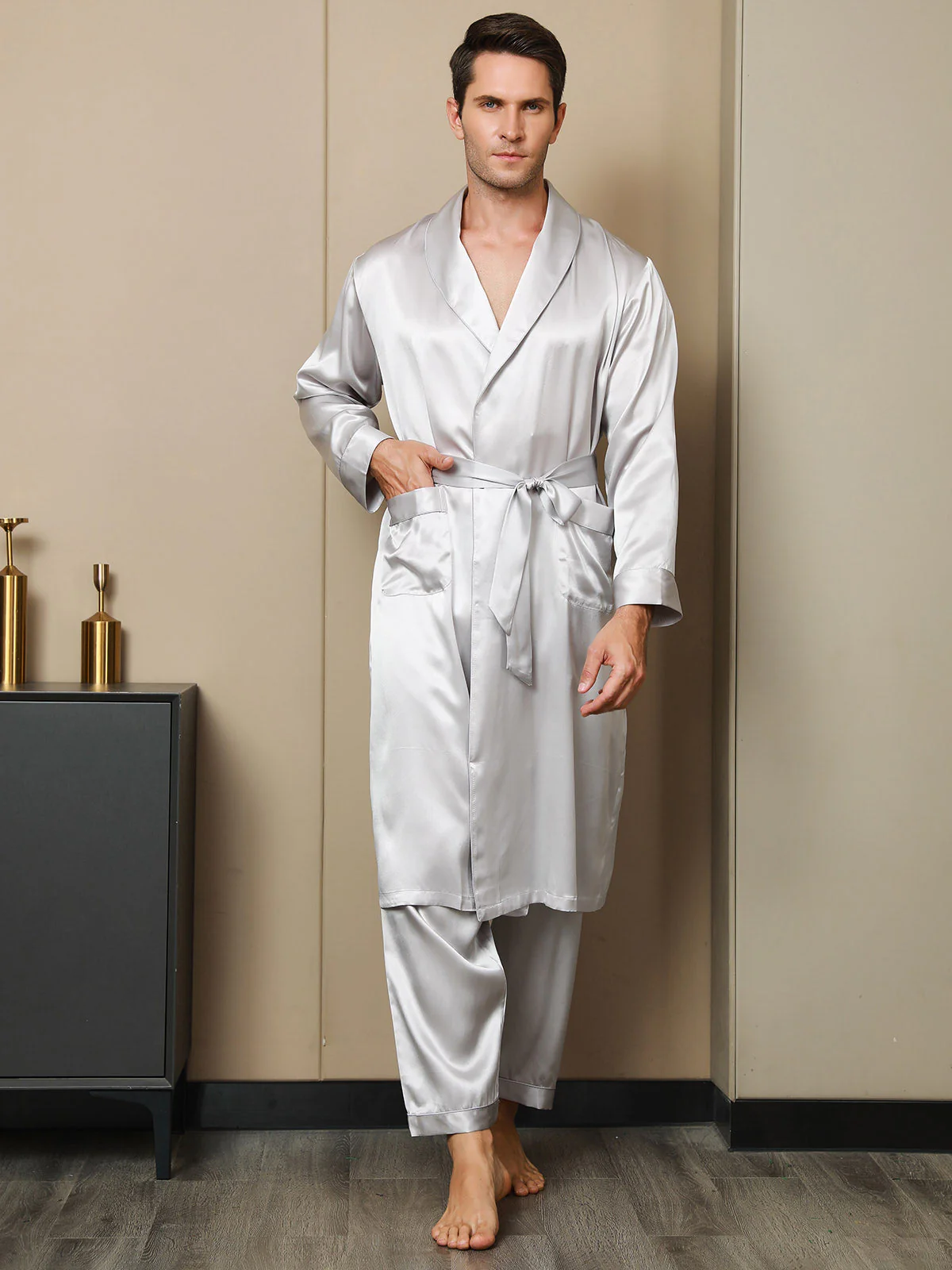 Pure Silk Lapel Collar Belted Robe (Without Pants) - Image 24