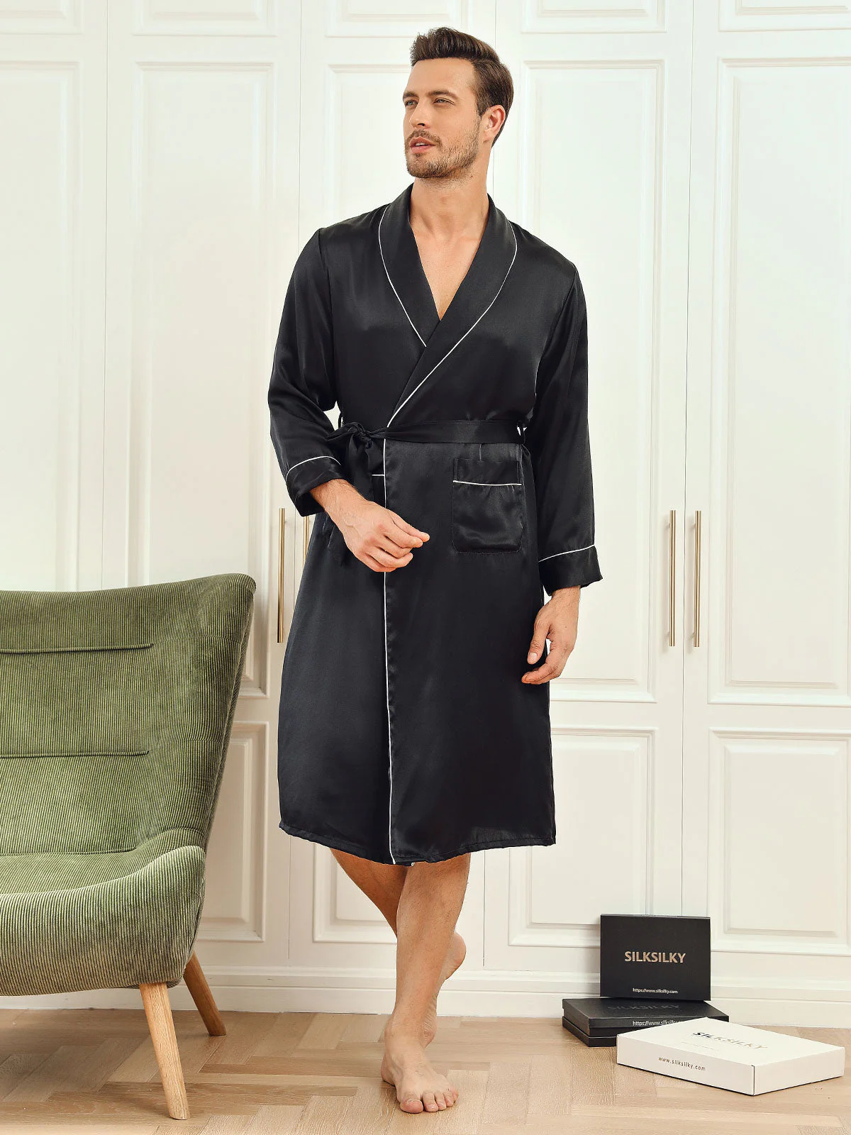 Pure Silk Lapel Collar Belted Robe (Without Pants) - Image 3