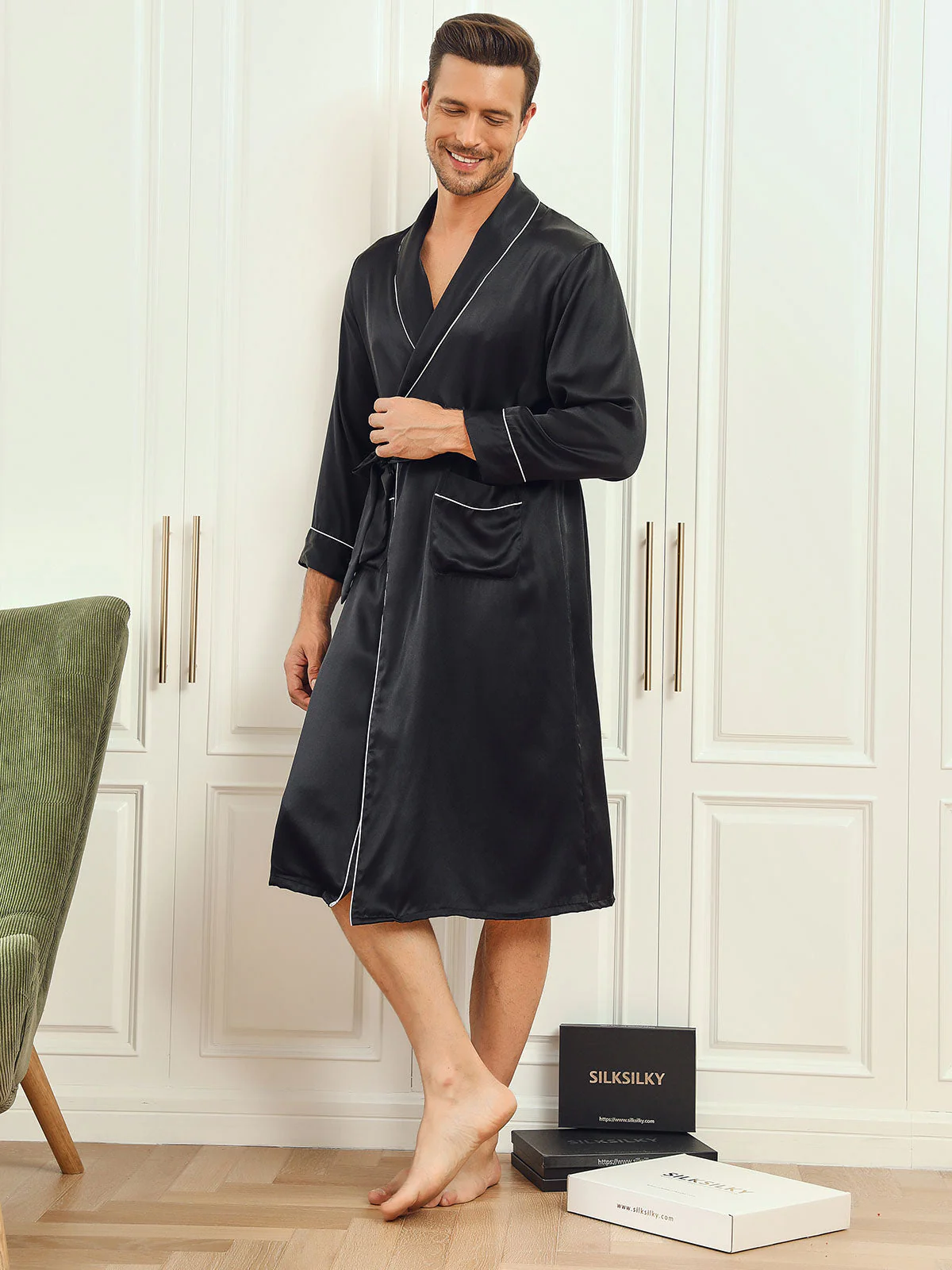Pure Silk Lapel Collar Belted Robe (Without Pants) - Image 4