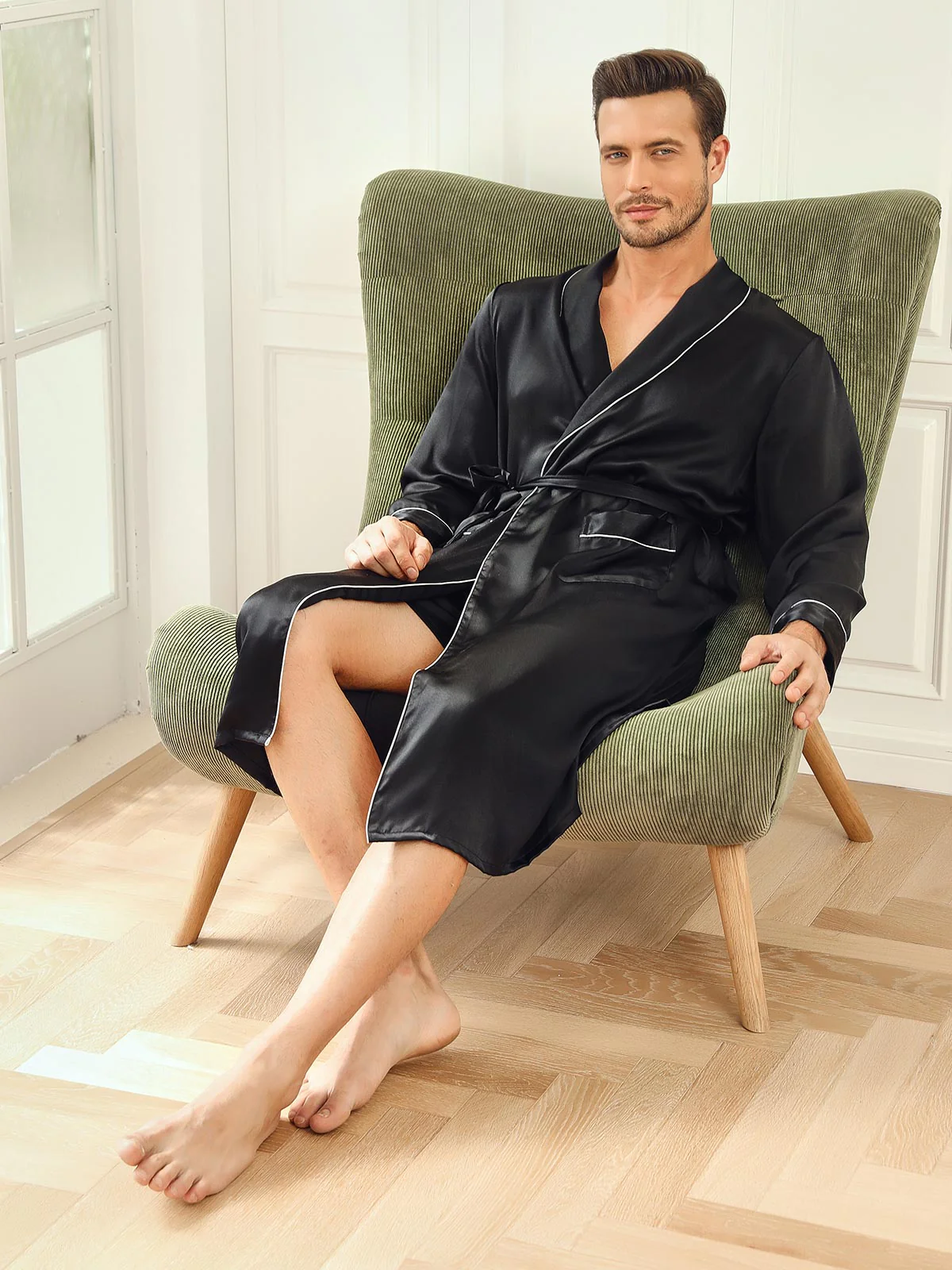 Pure Silk Lapel Collar Belted Robe (Without Pants) - Image 6