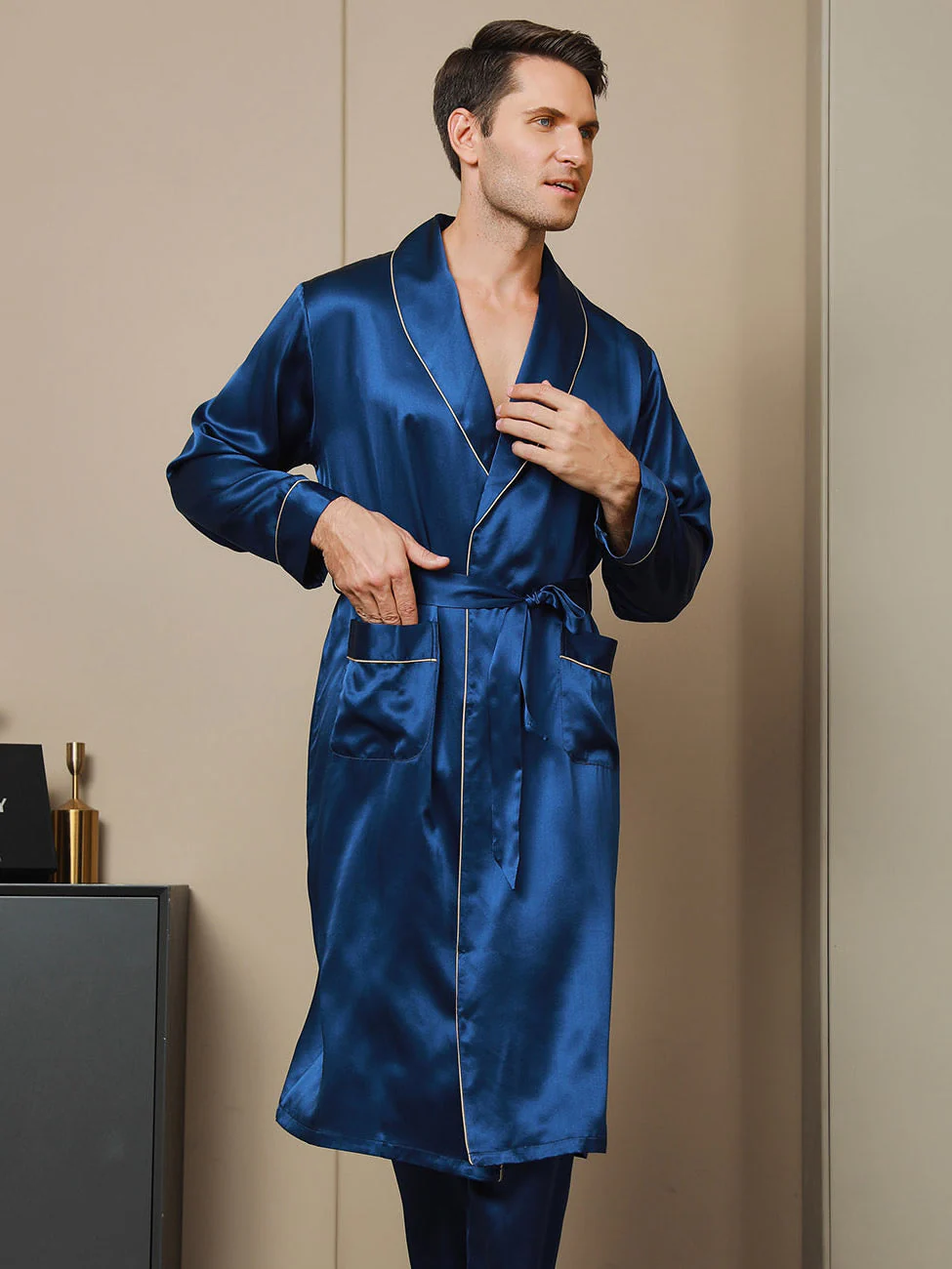 Pure Silk Lapel Collar Belted Robe (Without Pants) - Image 7
