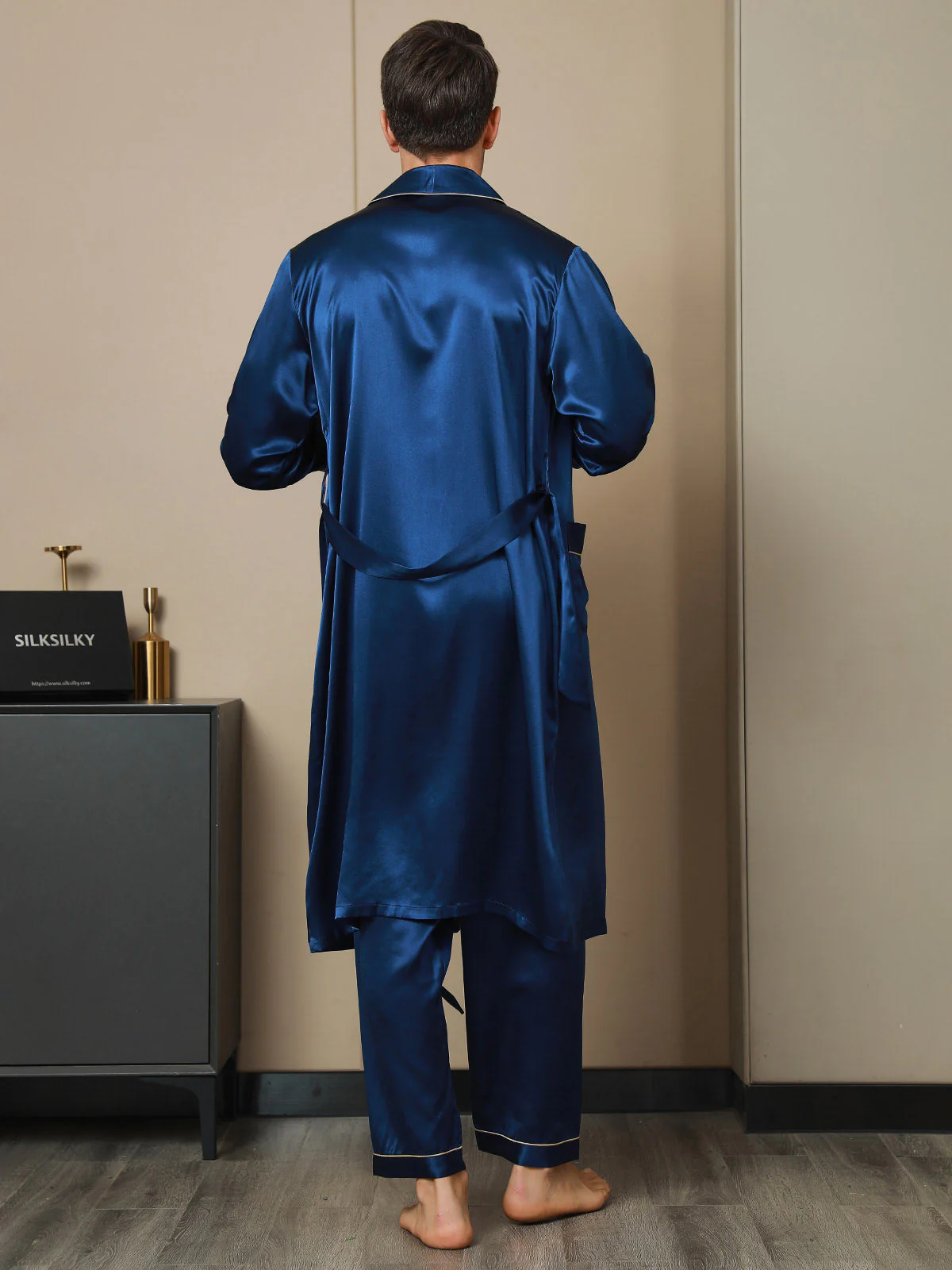 Pure Silk Lapel Collar Belted Robe (Without Pants) - Image 8