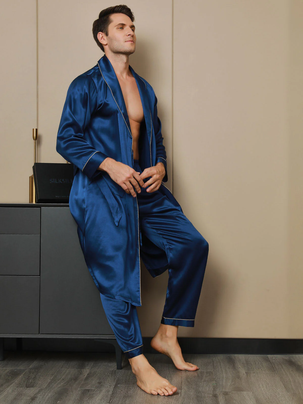 Pure Silk Lapel Collar Belted Robe (Without Pants) - Image 9