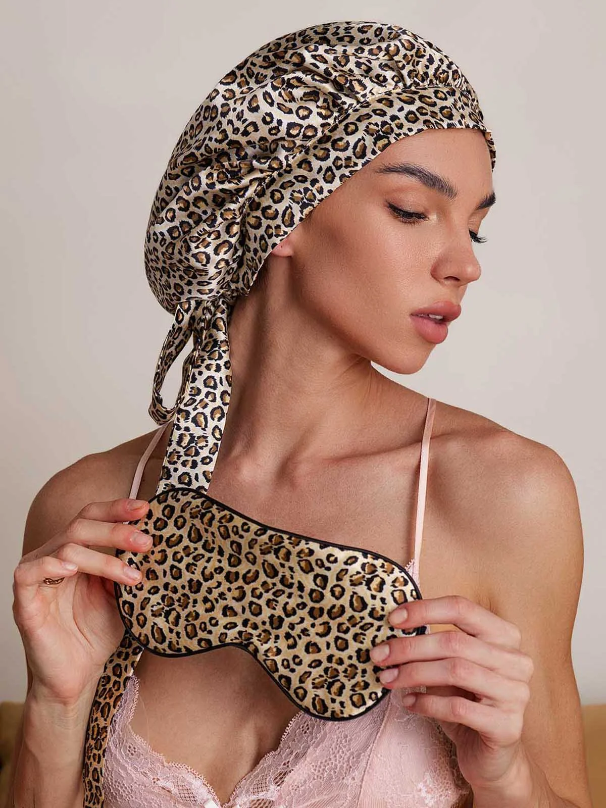 Pure Silk Leopard Pattern Bonnet+Eye Mask Set - Image 2