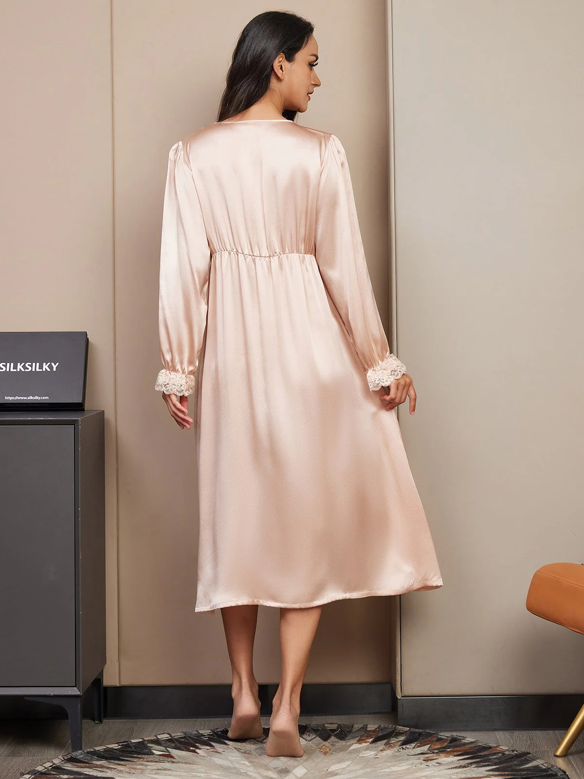Pure Silk Long Sleeve V-neck Midi Nightgown with Lace Design - Image 2