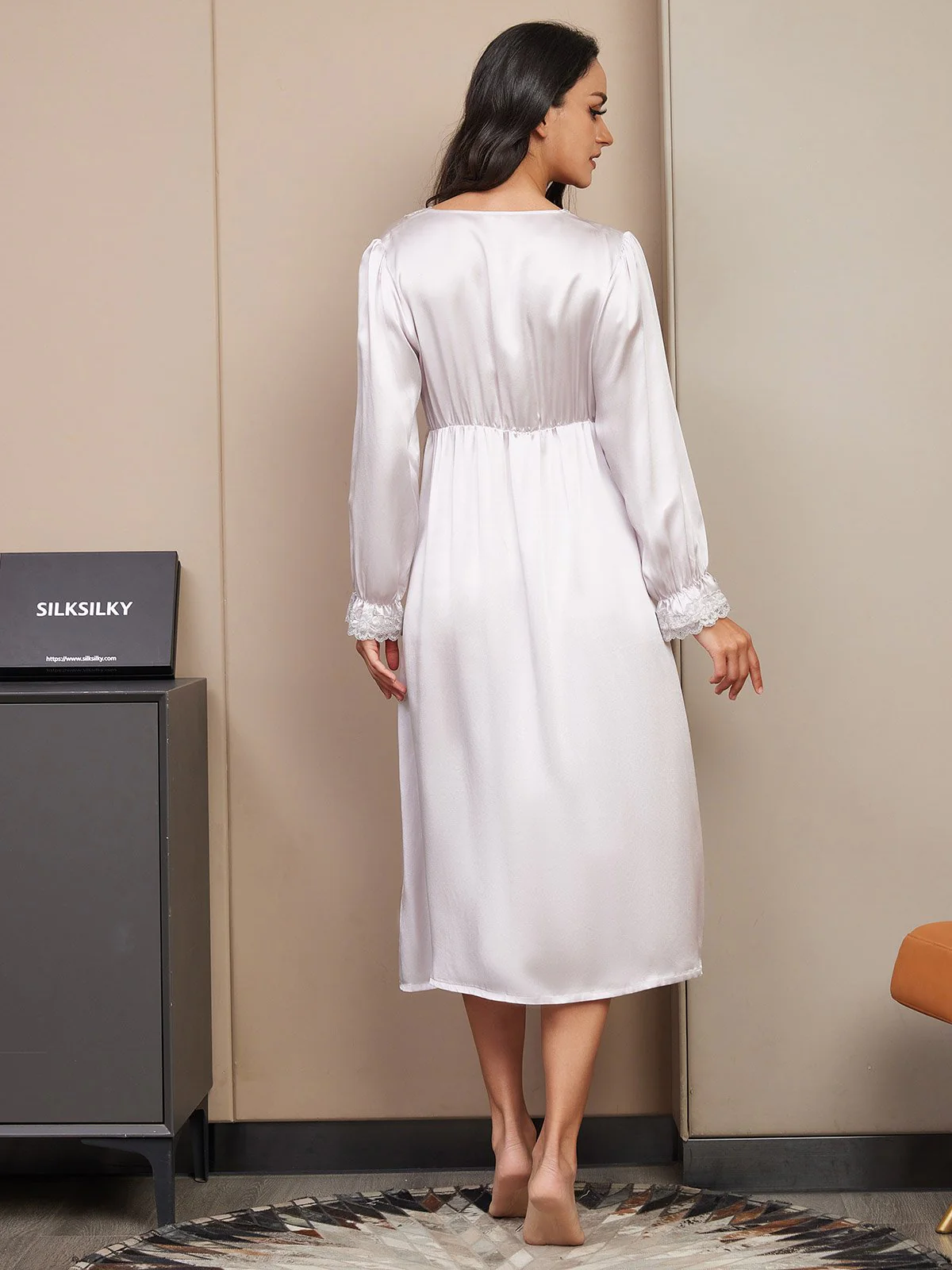 Pure Silk Long Sleeve V-neck Midi Nightgown with Lace Design - Image 7