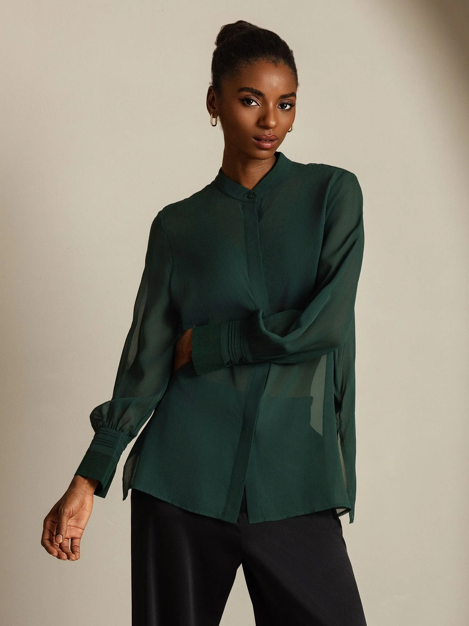 Pure Silk Long Sleeve Split Sheer Blouse - Image 10