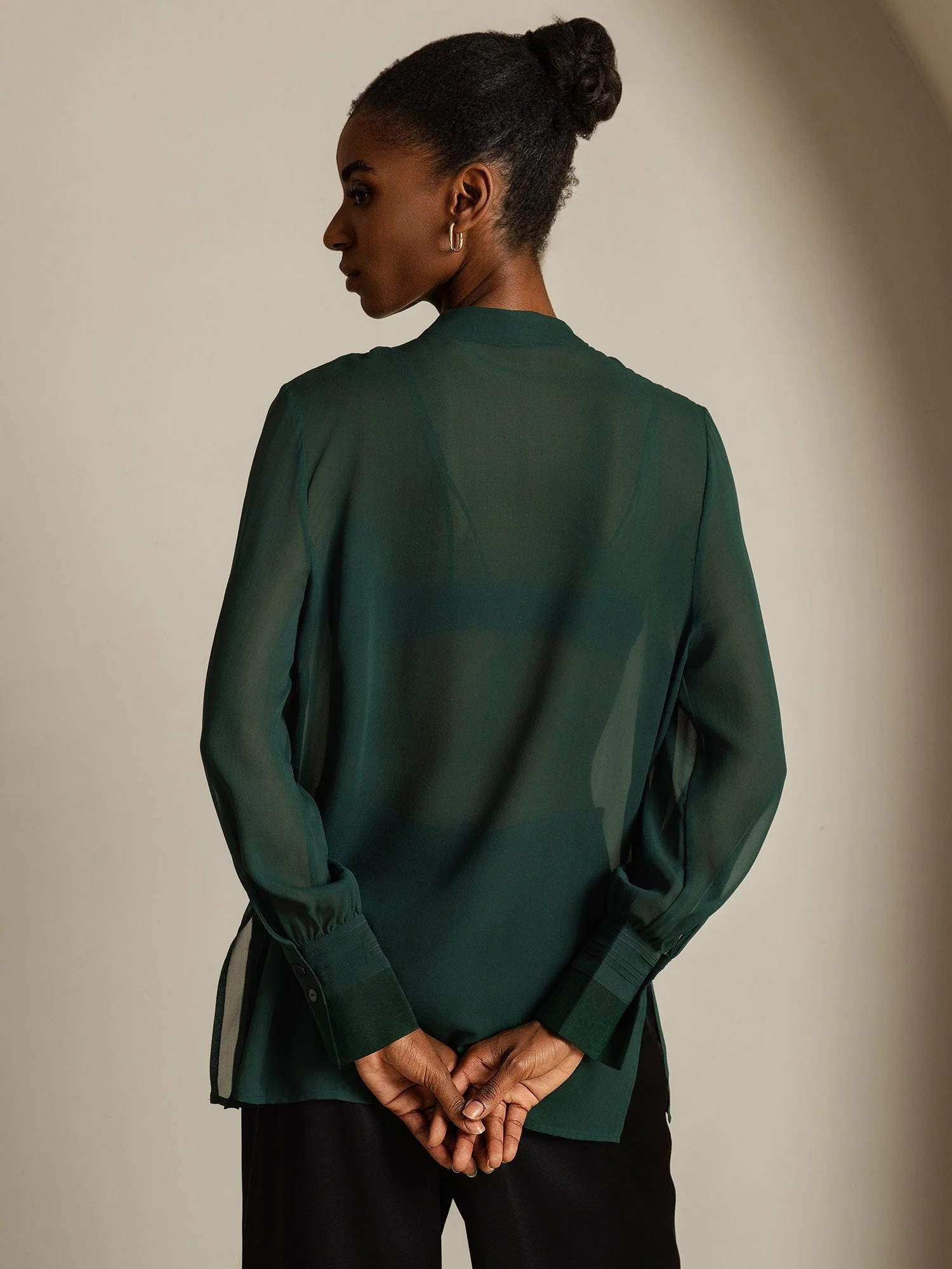 Pure Silk Long Sleeve Split Sheer Blouse - Image 11