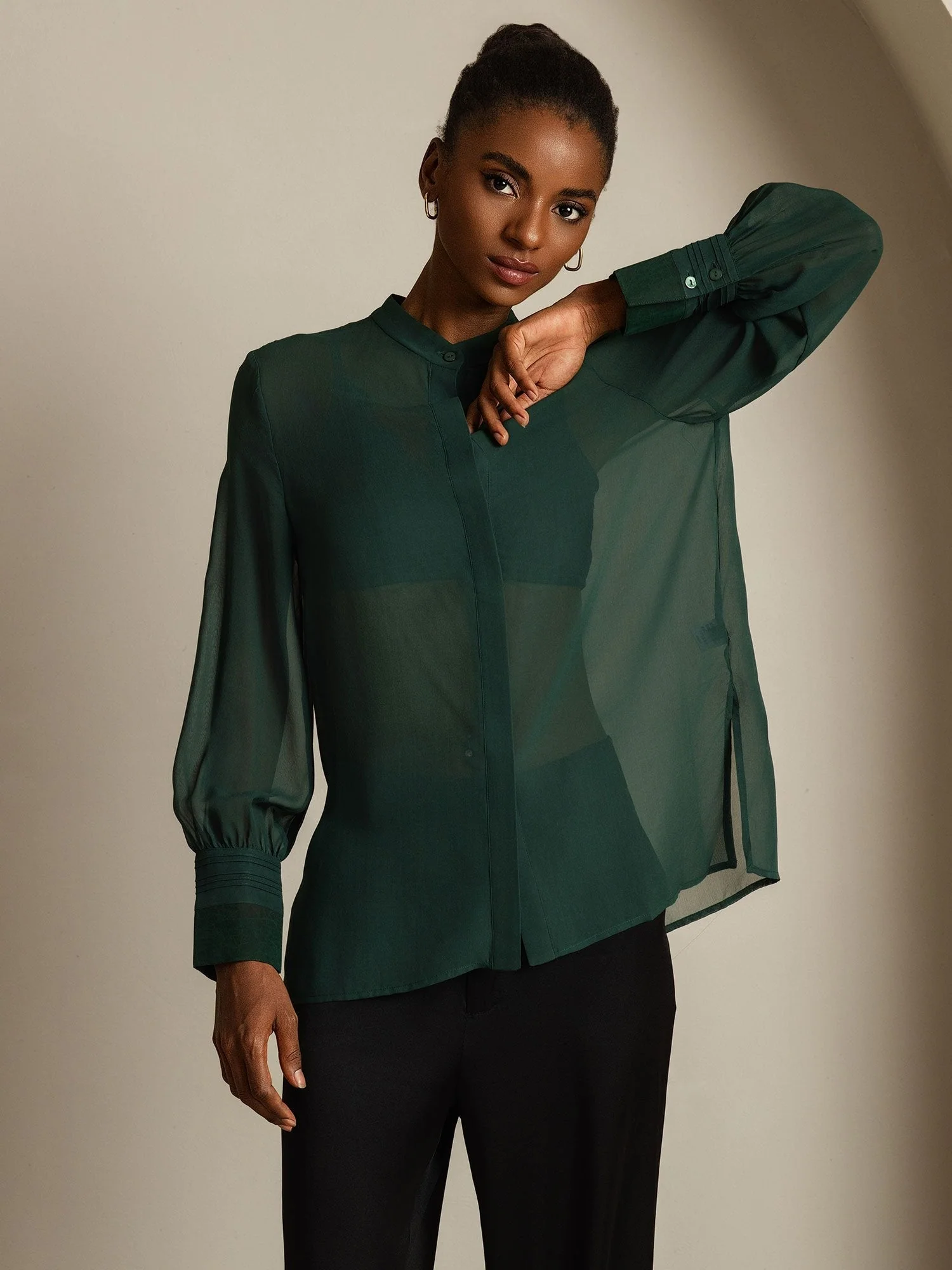 Pure Silk Long Sleeve Split Sheer Blouse - Image 17