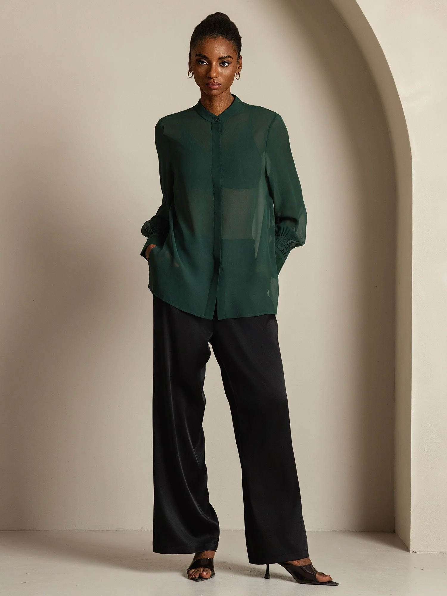 Pure Silk Long Sleeve Split Sheer Blouse - Image 18