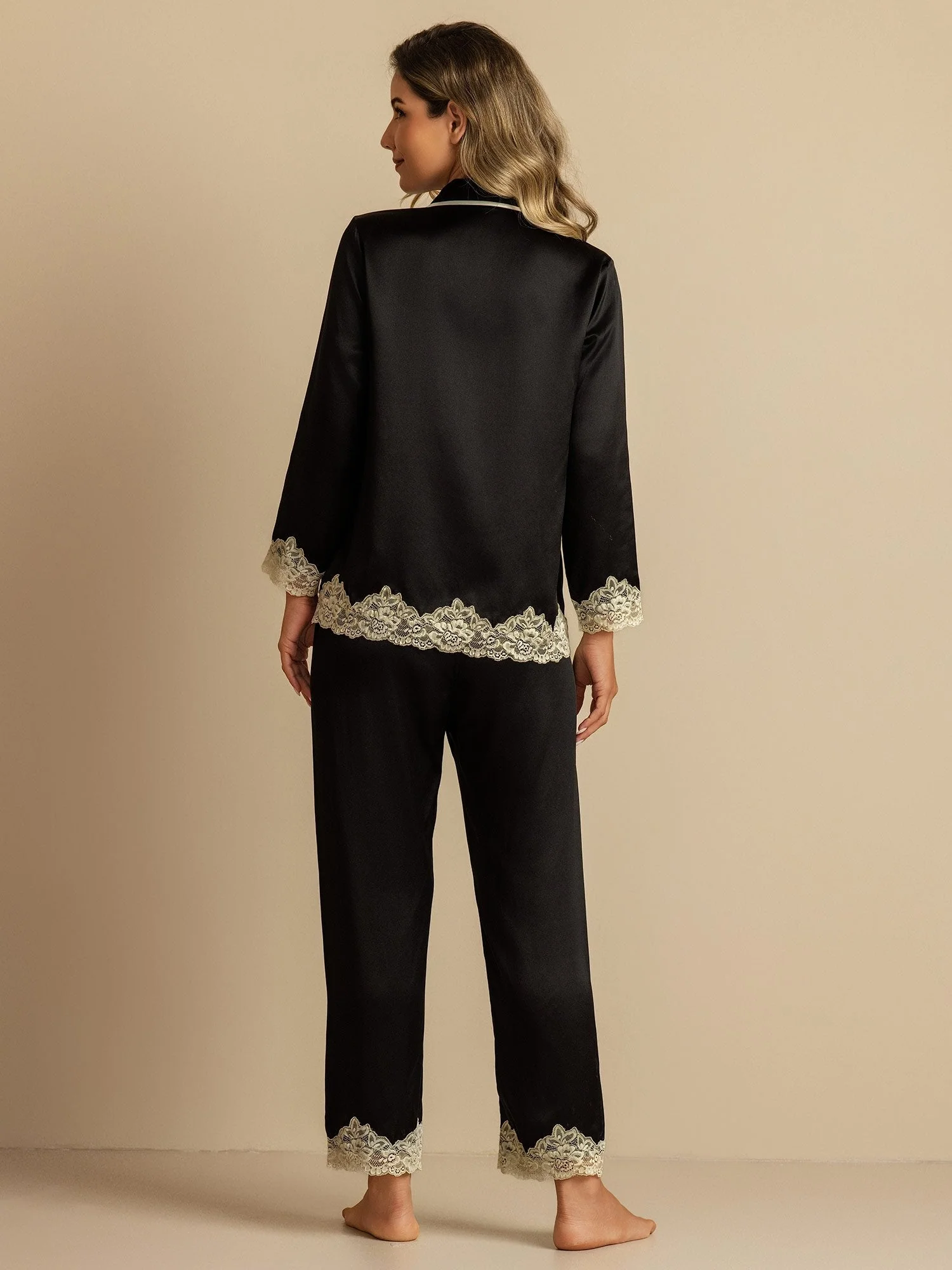 Clearance - Pure Silk Long Sleeve Women's Pajamas Set with Lace Design - Image 2
