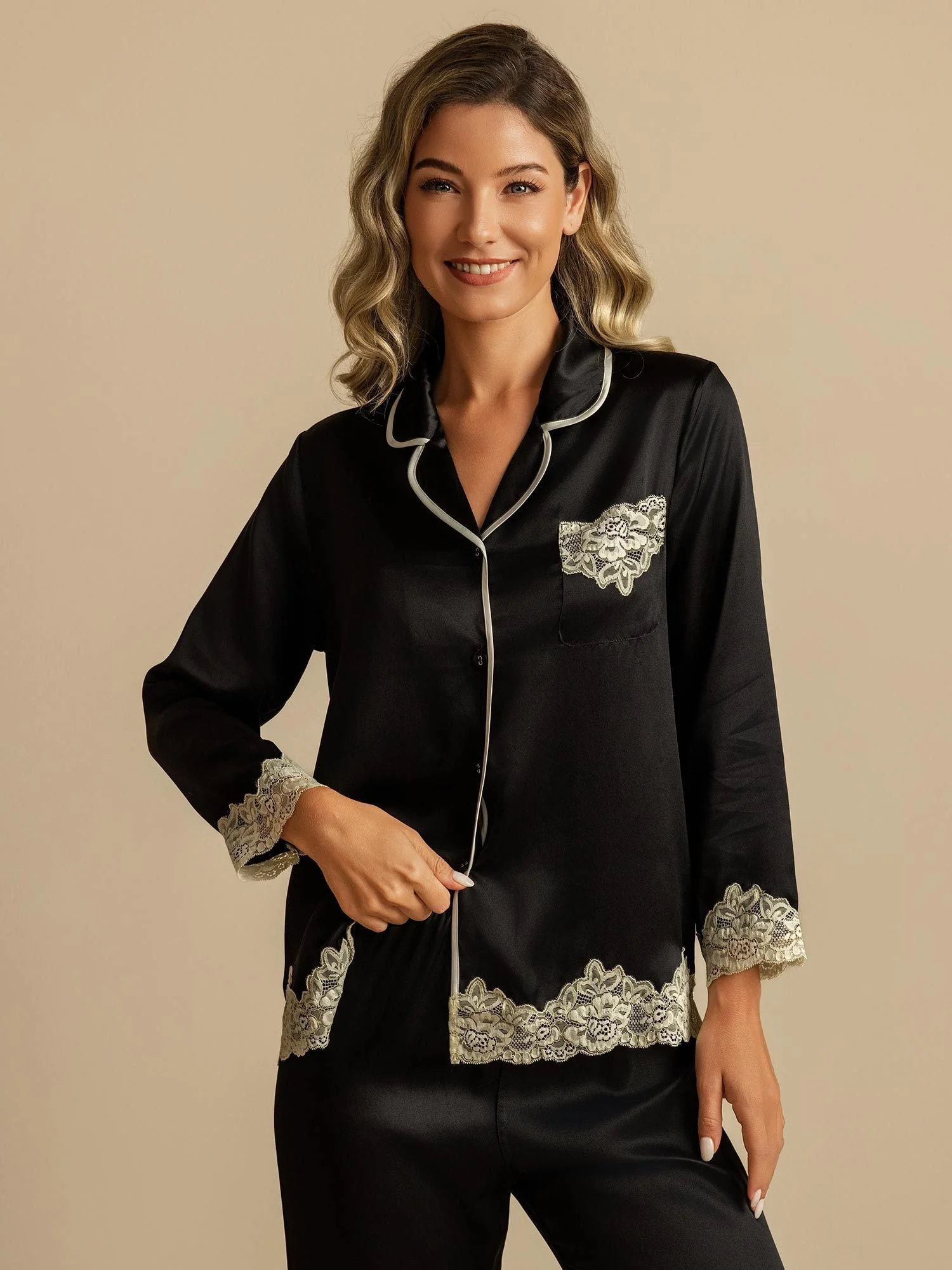 Clearance - Pure Silk Long Sleeve Women's Pajamas Set with Lace Design - Image 7