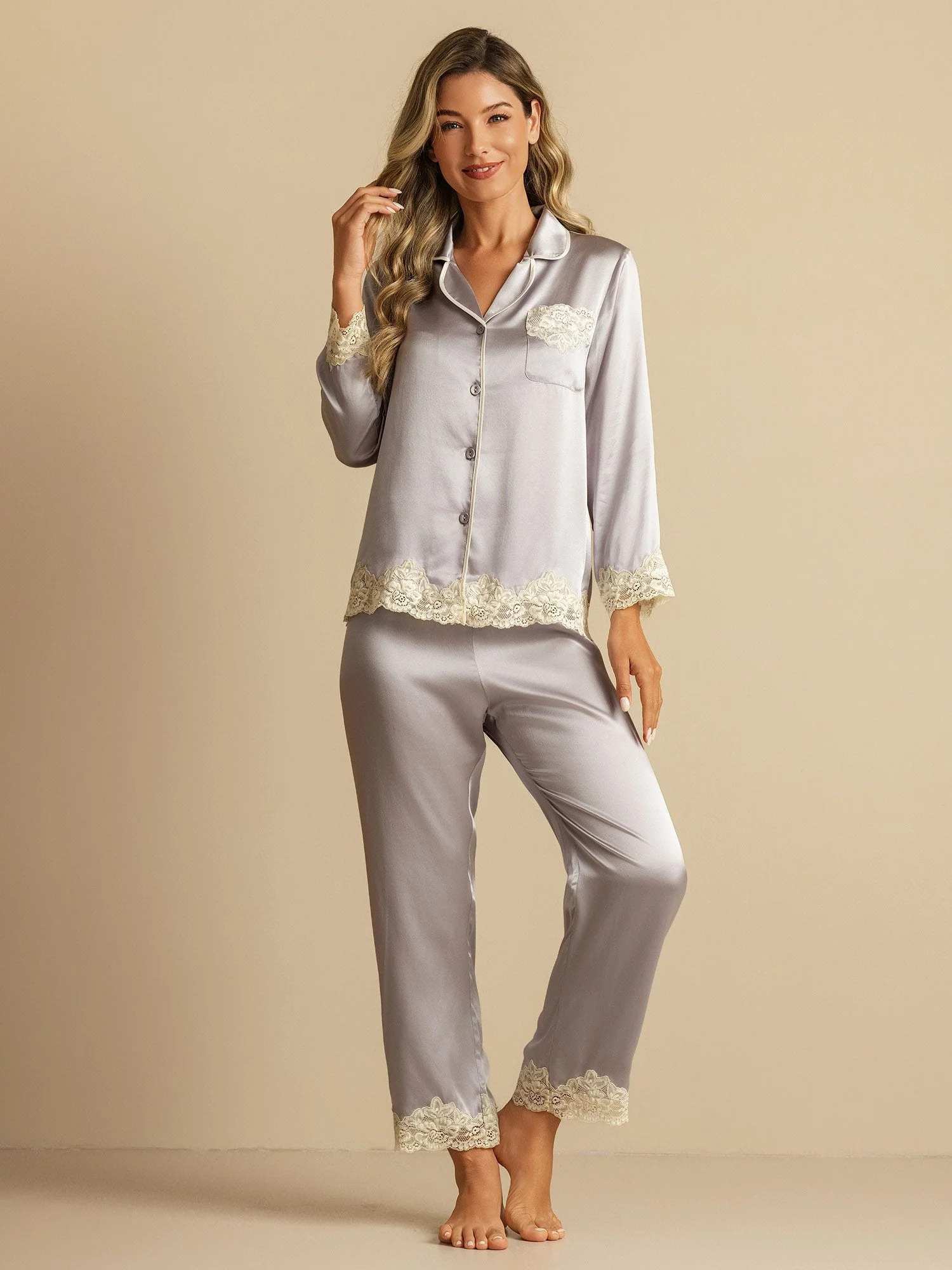 Clearance(US Warehouse) - Pure Silk Long Sleeve Women's Pajamas Set with Lace Design - Image 3