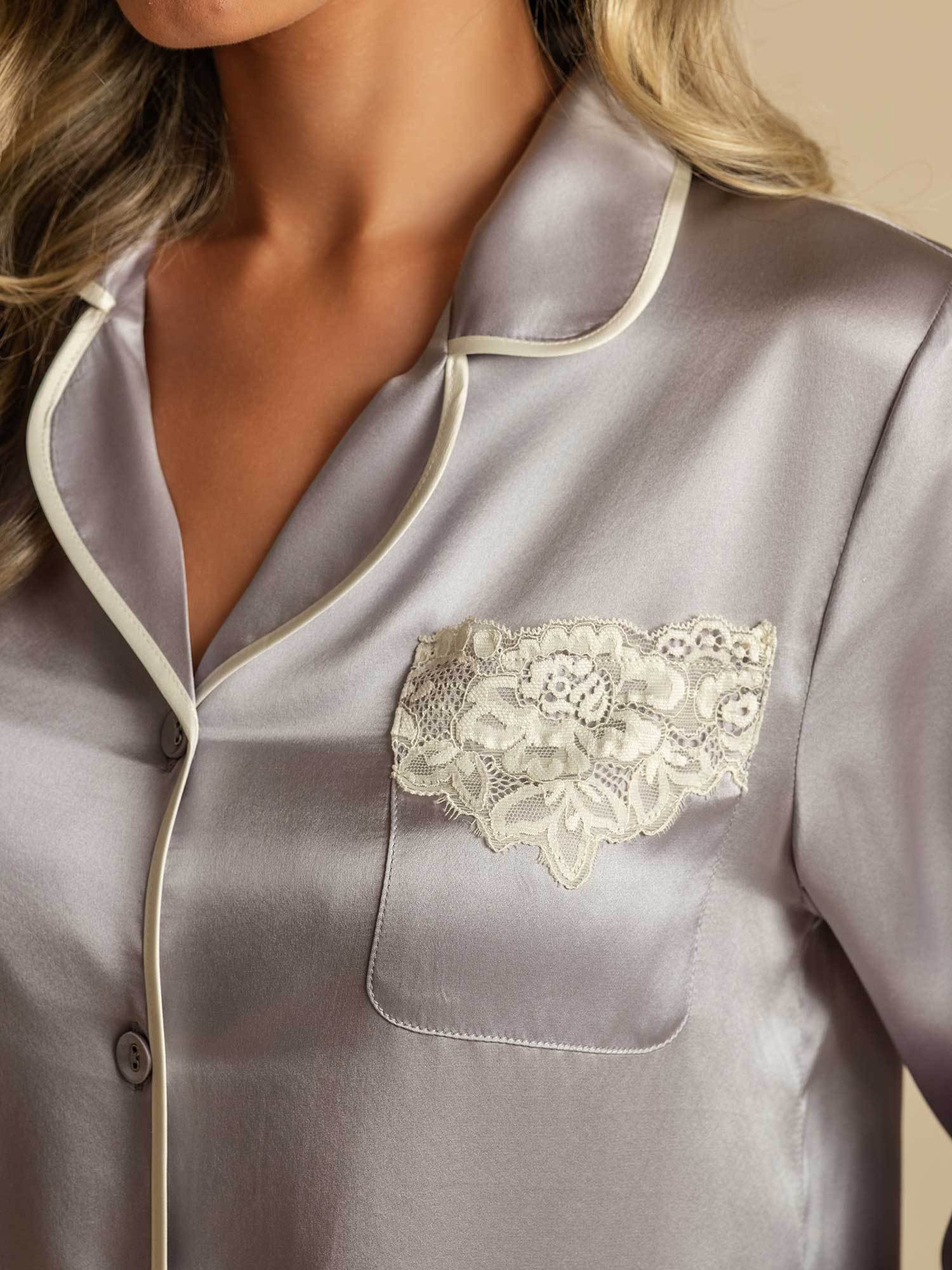 Clearance(US Warehouse) - Pure Silk Long Sleeve Women's Pajamas Set with Lace Design - Image 4