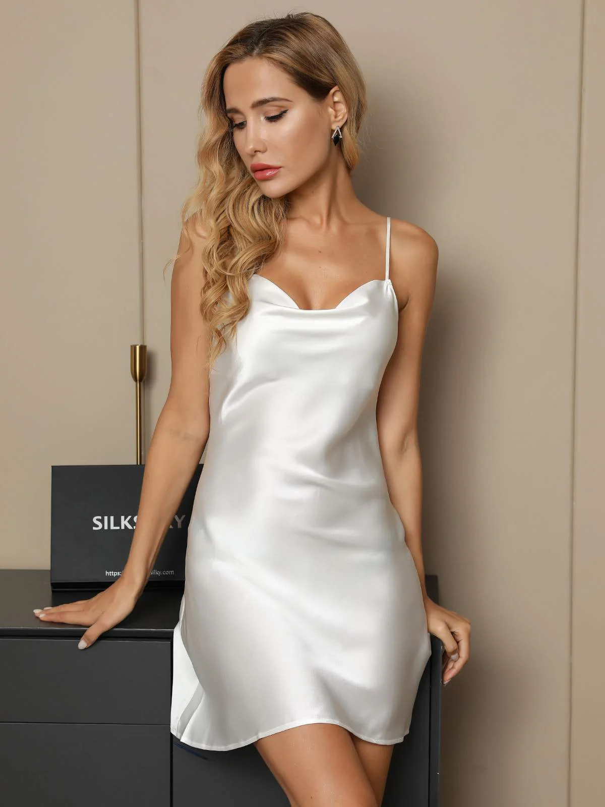 Pure Silk Spaghetti Strap Cowl Neck Short Nightgown - Image 3