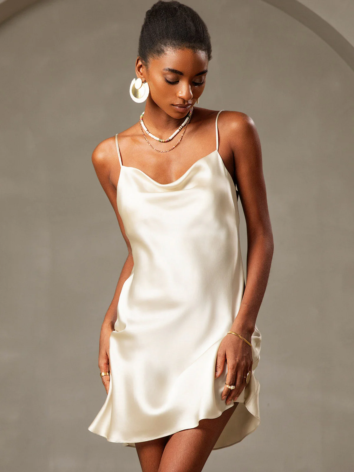 Pure Silk Spaghetti Strap Cowl Neck Short Dress - Image 22
