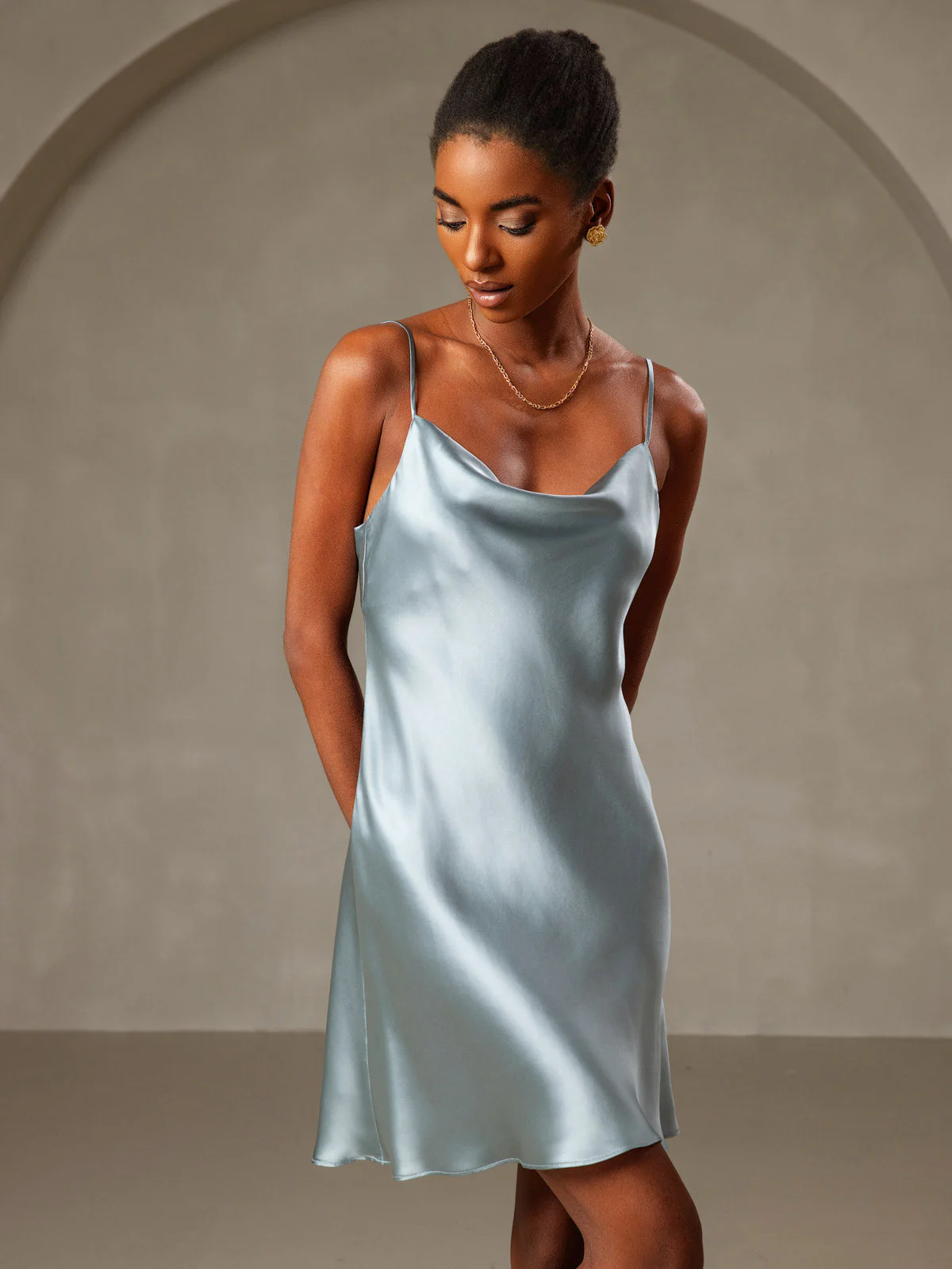 Pure Silk Spaghetti Strap Cowl Neck Short Dress - Image 32