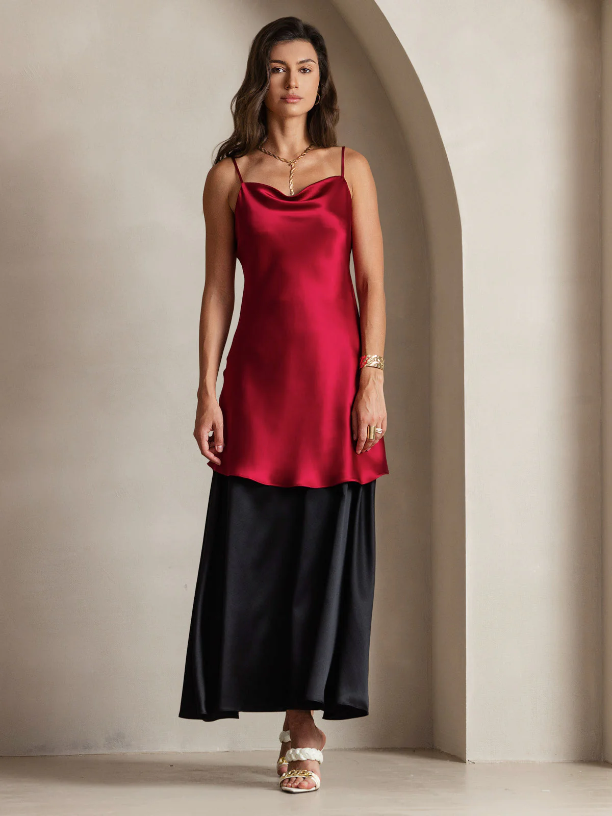 Pure Silk Spaghetti Strap Cowl Neck Short Dress - Image 7