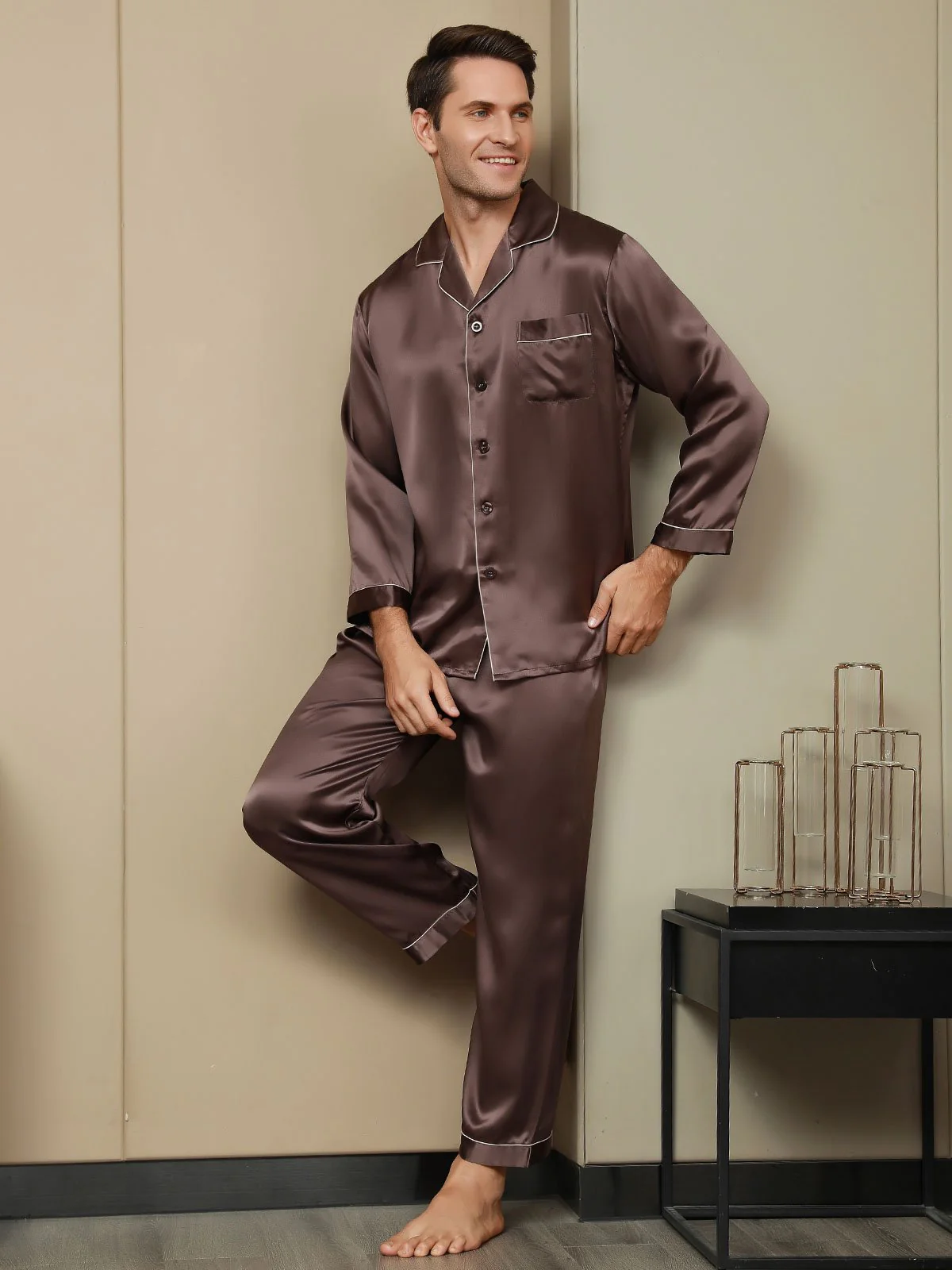 Pure Silk Long Sleeve Men's Pajamas Set - Image 13