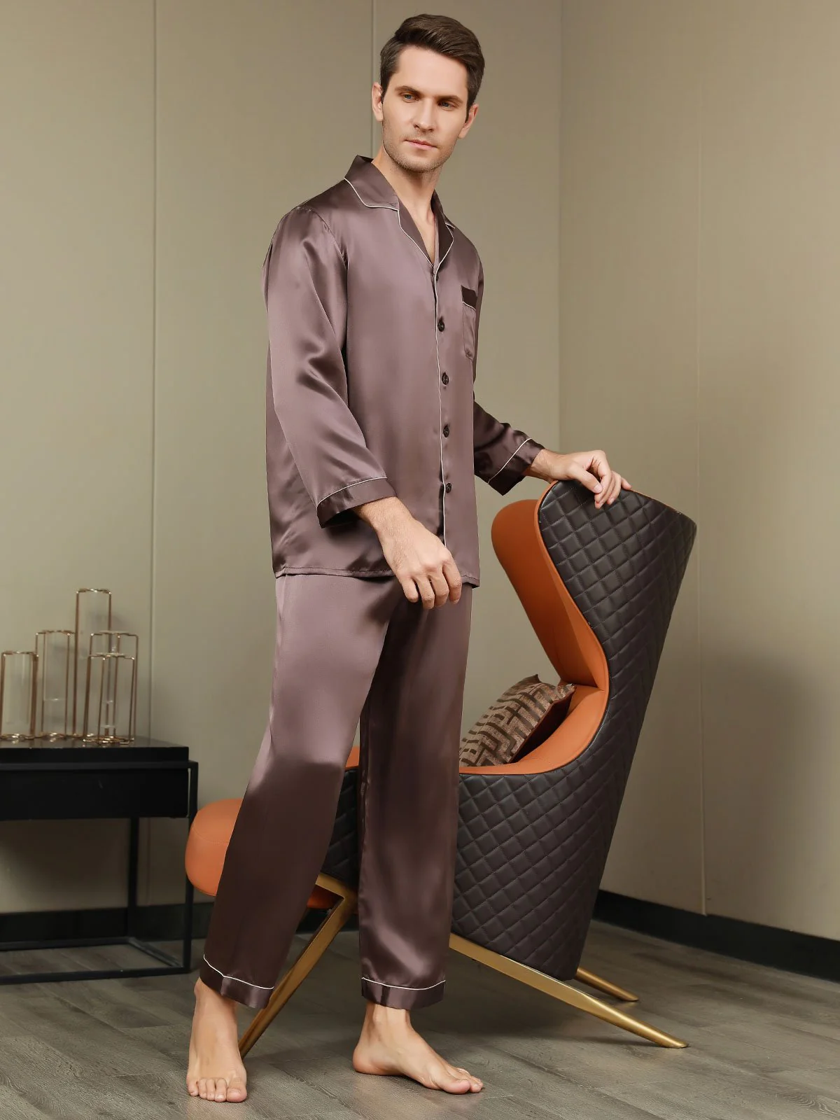 Pure Silk Long Sleeve Men's Pajamas Set - Image 14