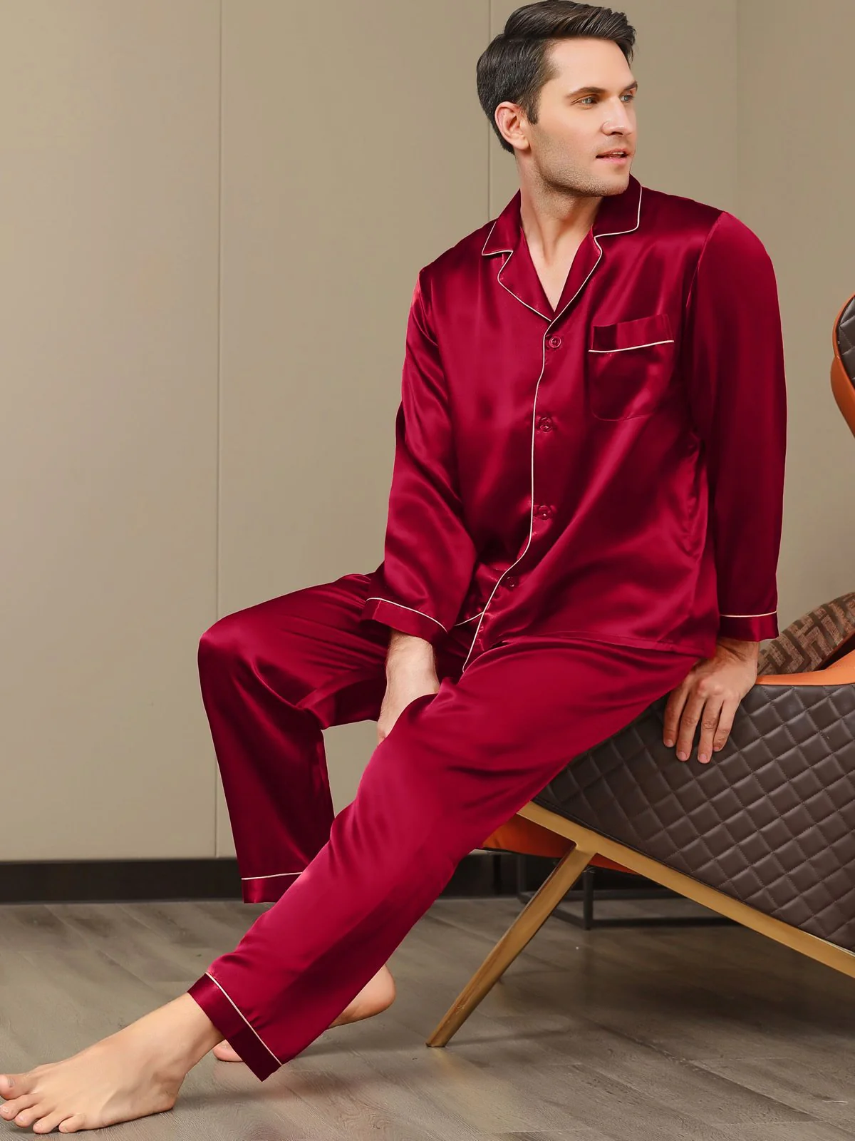 Pure Silk Long Sleeve Men's Pajamas Set - Image 17
