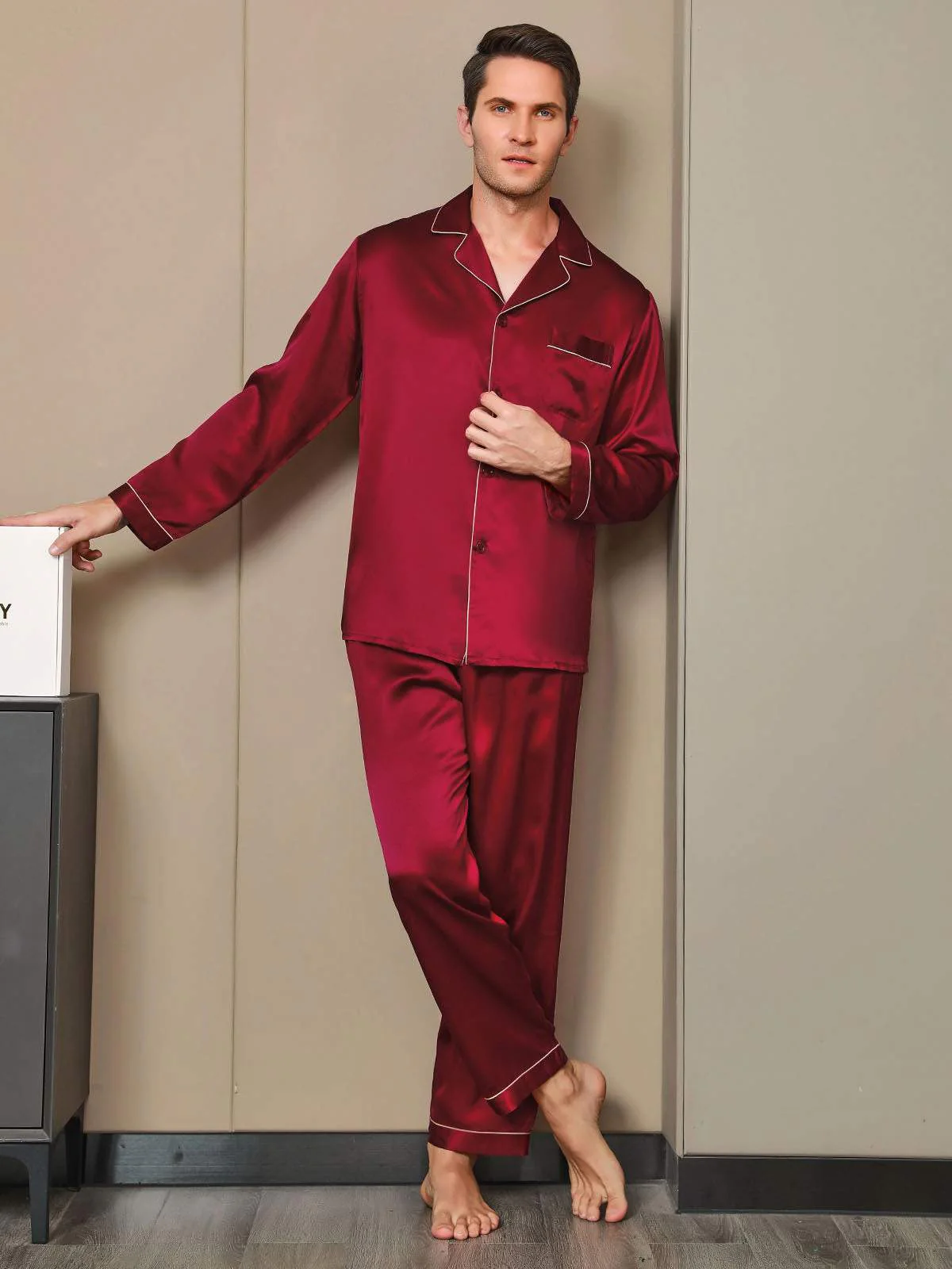 Pure Silk Long Sleeve Men's Pajamas Set - Image 20