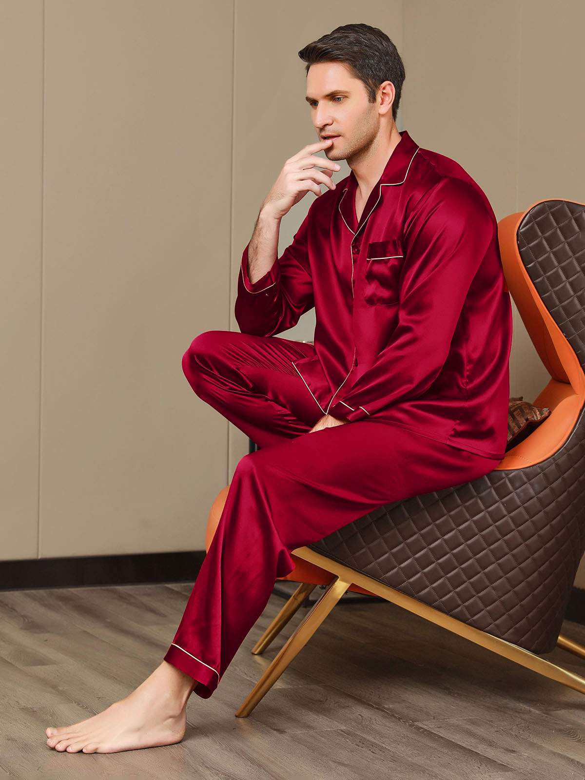 Pure Silk Long Sleeve Men's Pajamas Set - Image 21