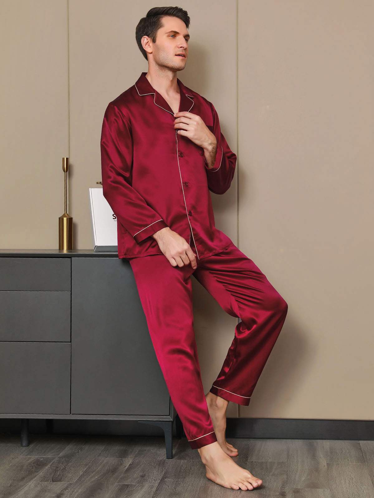 Pure Silk Long Sleeve Men's Pajamas Set - Image 22