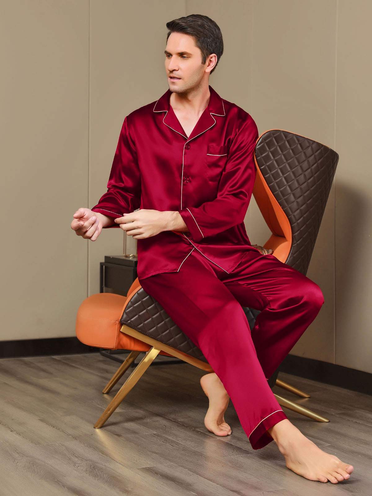 Pure Silk Long Sleeve Men's Pajamas Set - Image 23