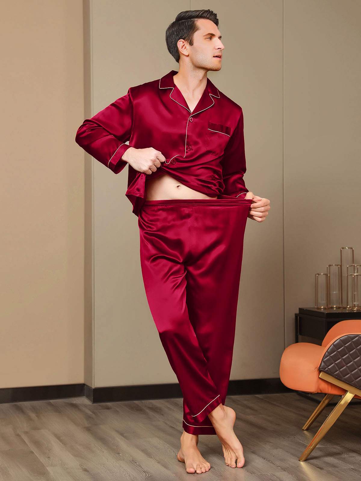 Pure Silk Long Sleeve Men's Pajamas Set - Image 24