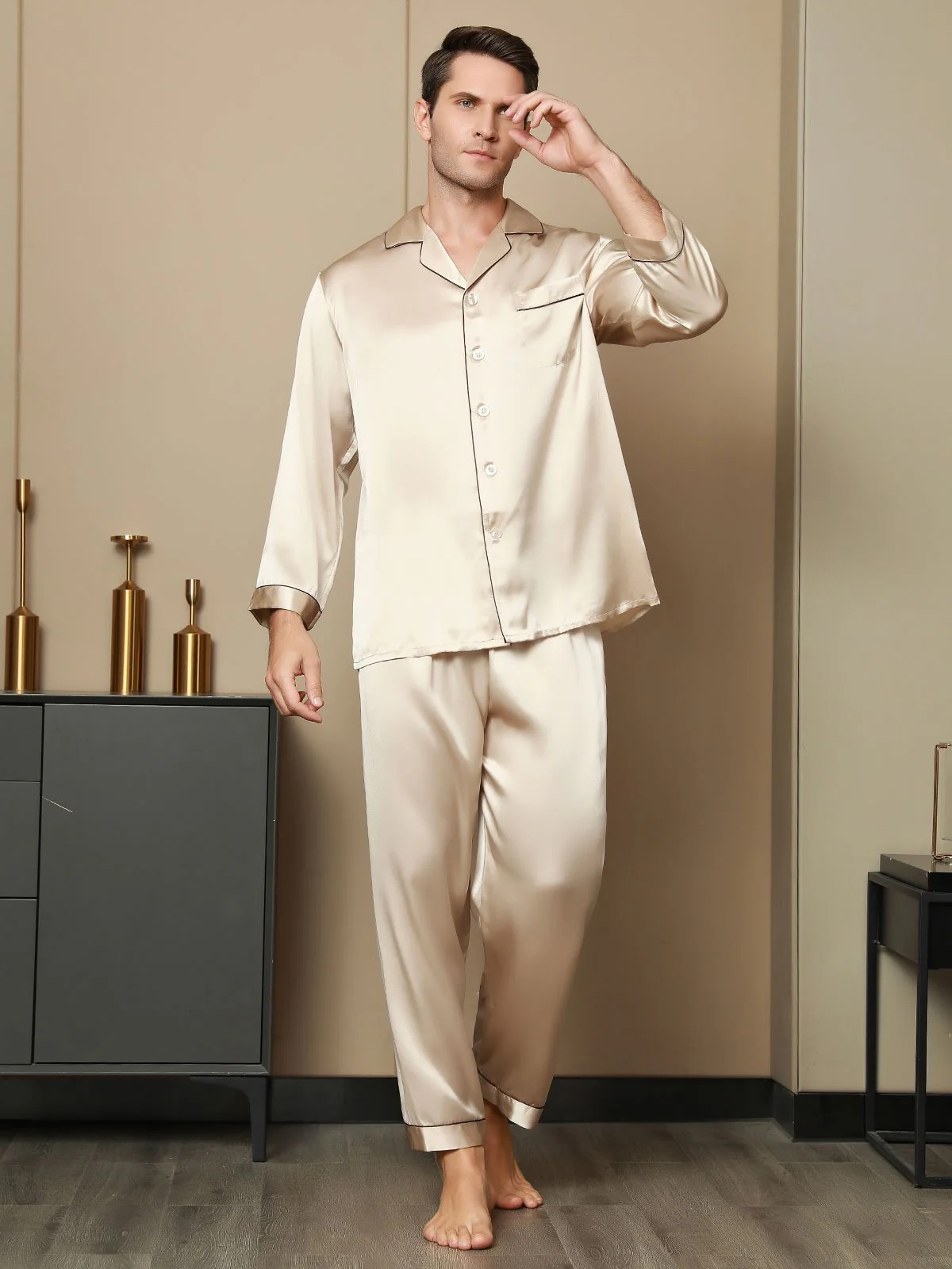 Pure Silk Long Sleeve Men's Pajamas Set - Image 30