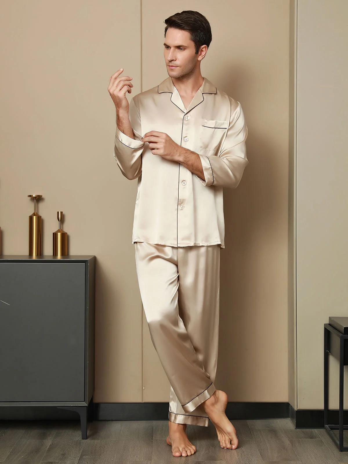 Pure Silk Long Sleeve Men's Pajamas Set - Image 31