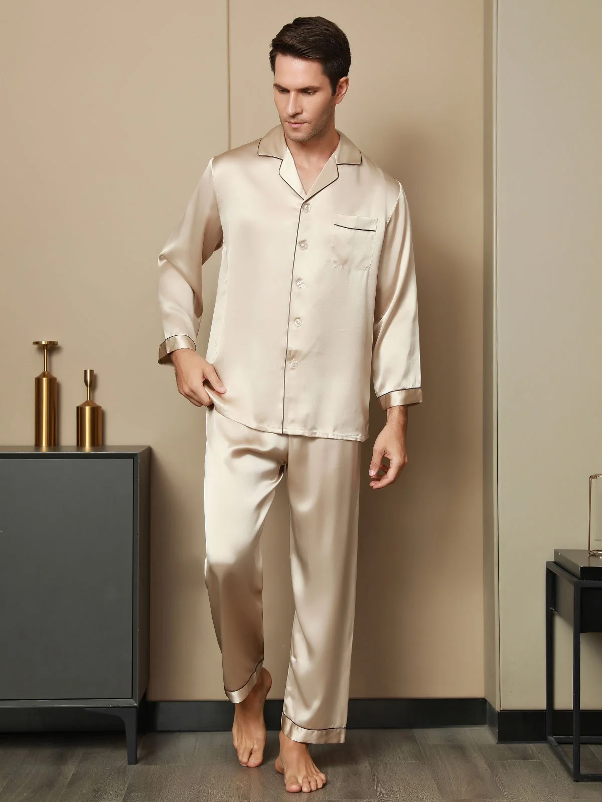 Pure Silk Long Sleeve Men's Pajamas Set - Image 32