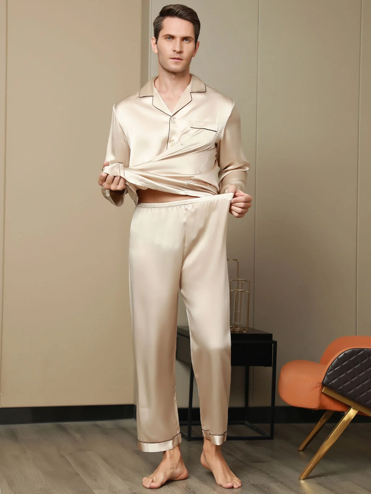 Pure Silk Long Sleeve Men's Pajamas Set - Image 35