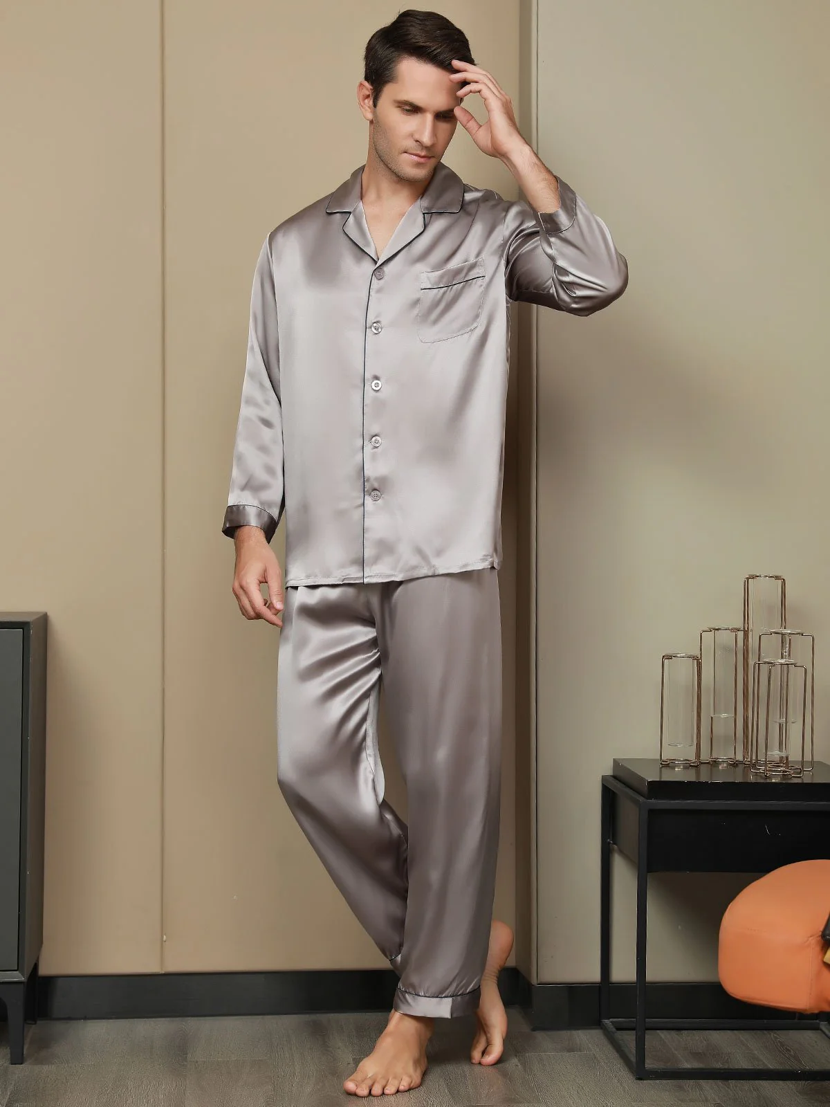 Pure Silk Long Sleeve Men's Pajamas Set - Image 37