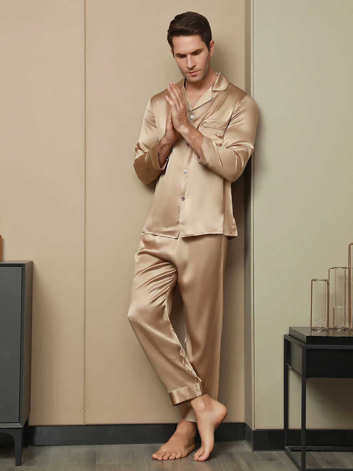 Men's Pure Silk Long Sleeve Notch Collar Pajamas Set - Image 10