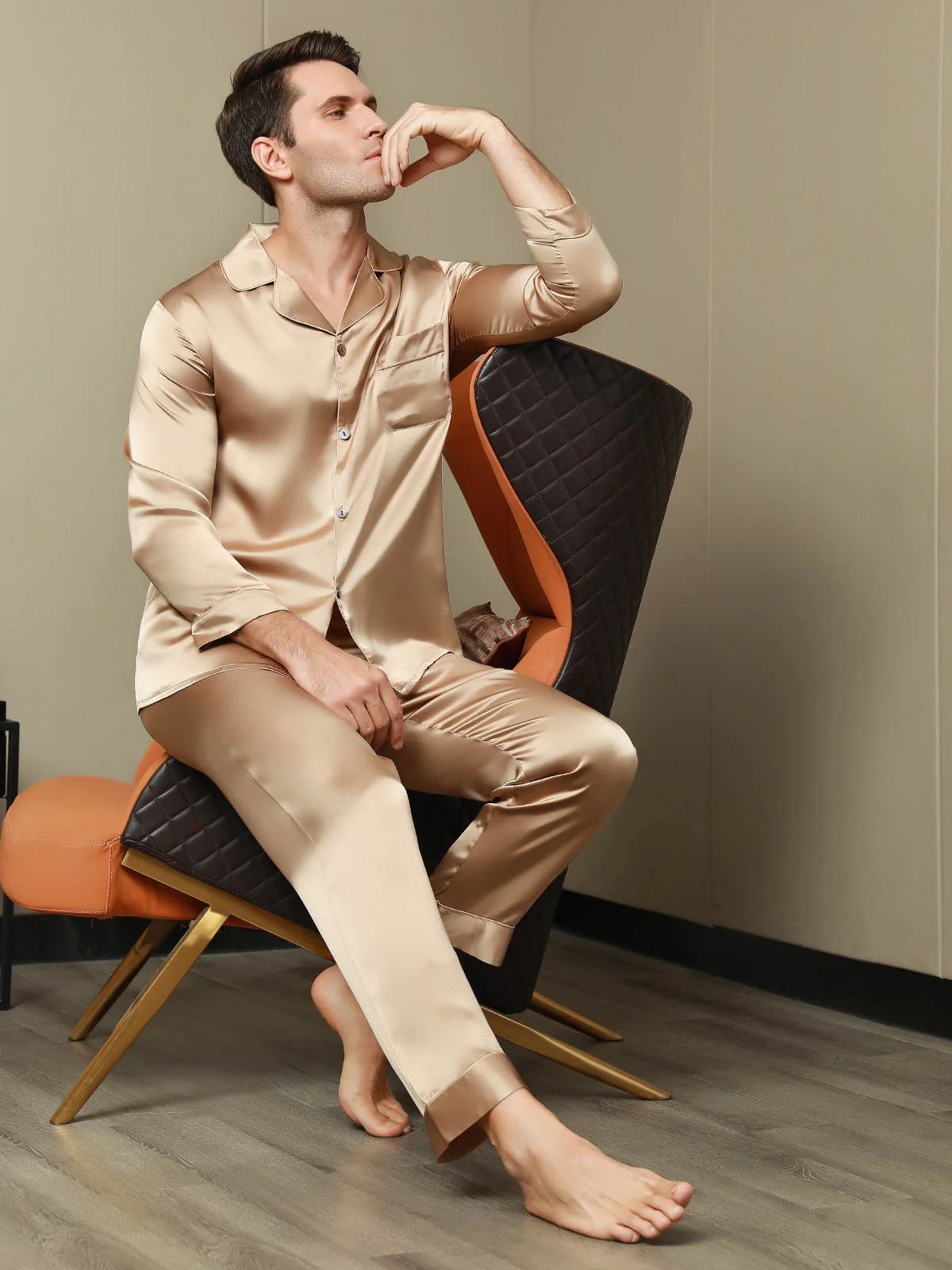 Men's Pure Silk Long Sleeve Notch Collar Pajamas Set - Image 12