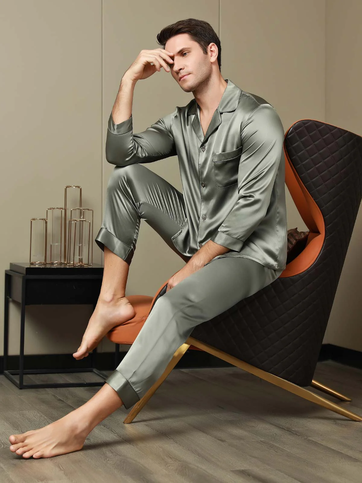 Men's Pure Silk Long Sleeve Notch Collar Pajamas Set - Image 5