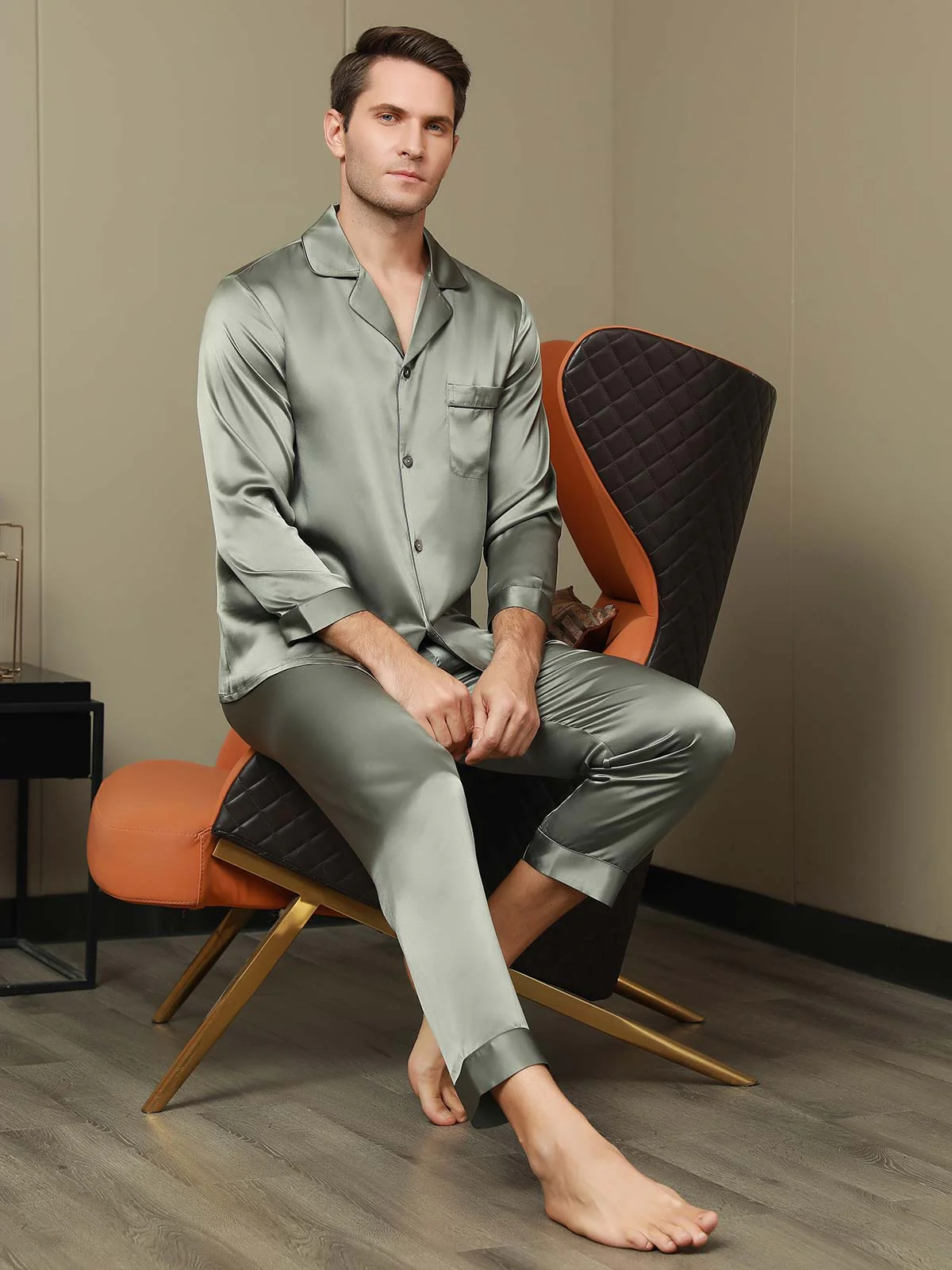 Men's Pure Silk Long Sleeve Notch Collar Pajamas Set - Image 6