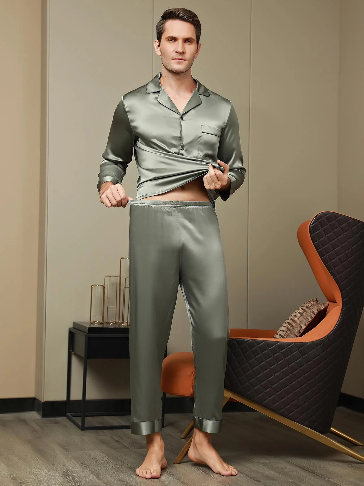 Men's Pure Silk Long Sleeve Notch Collar Pajamas Set - Image 7