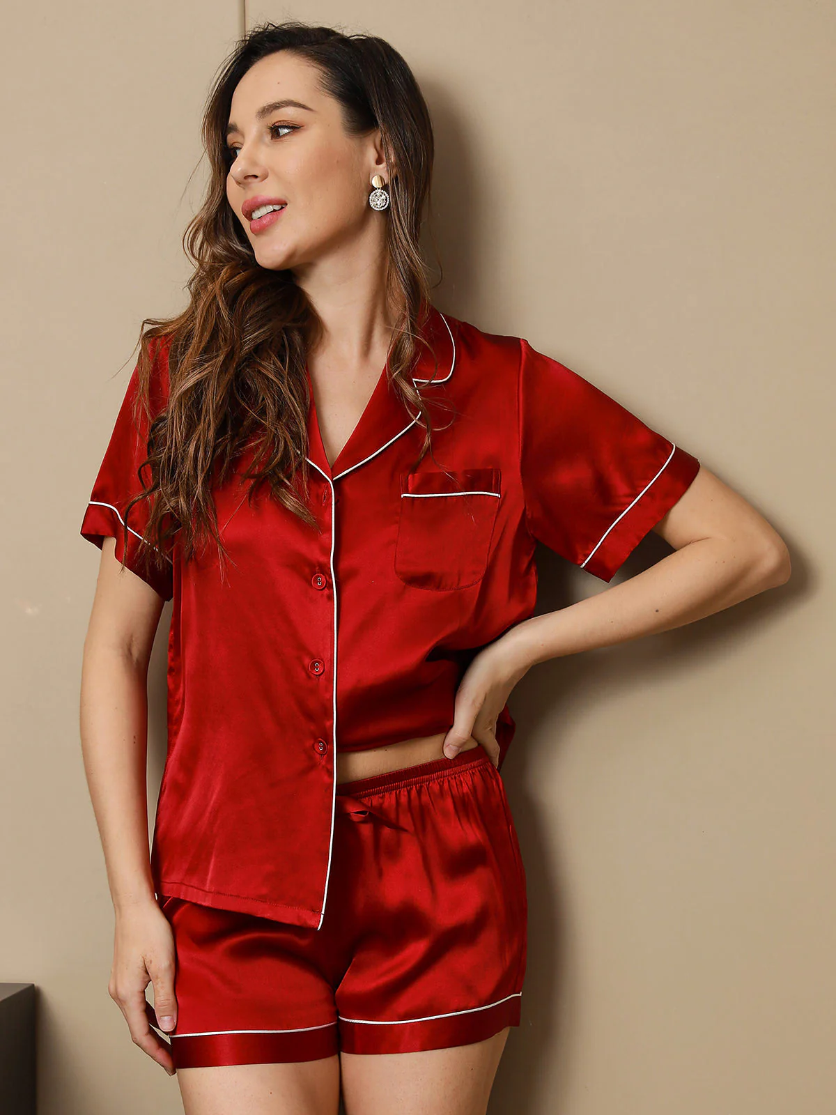 Women's Pure Silk Short Sleeve Notch Collar Pajamas Set - Image 21