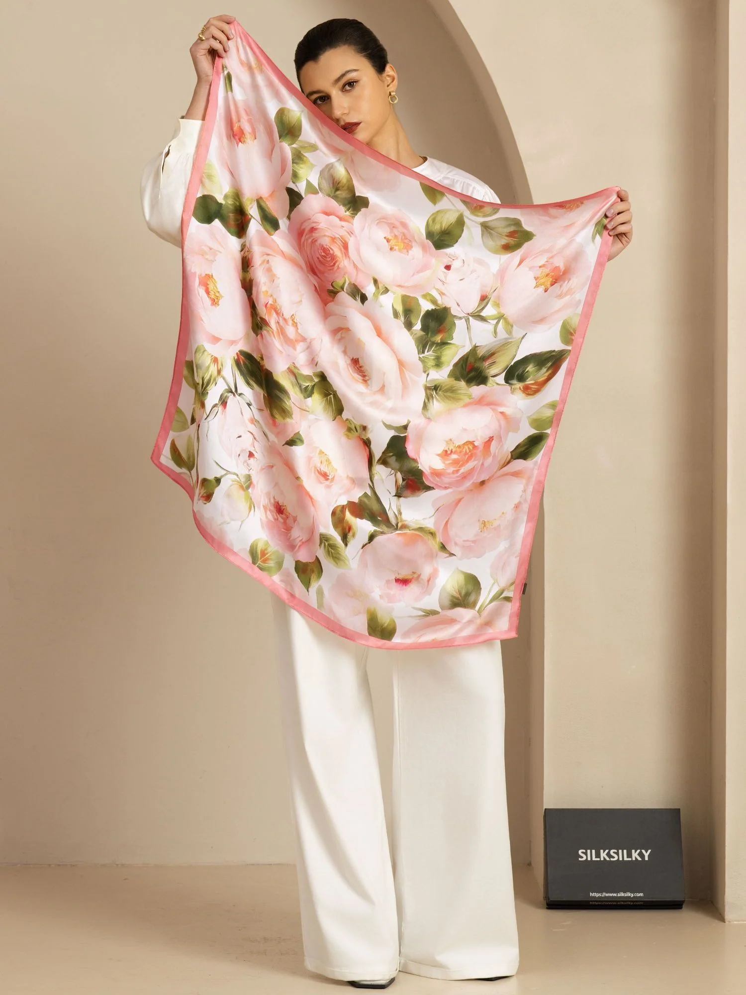 Pure Silk Pink Floral Print Square Scarf - Size 90x90cm - Image 2