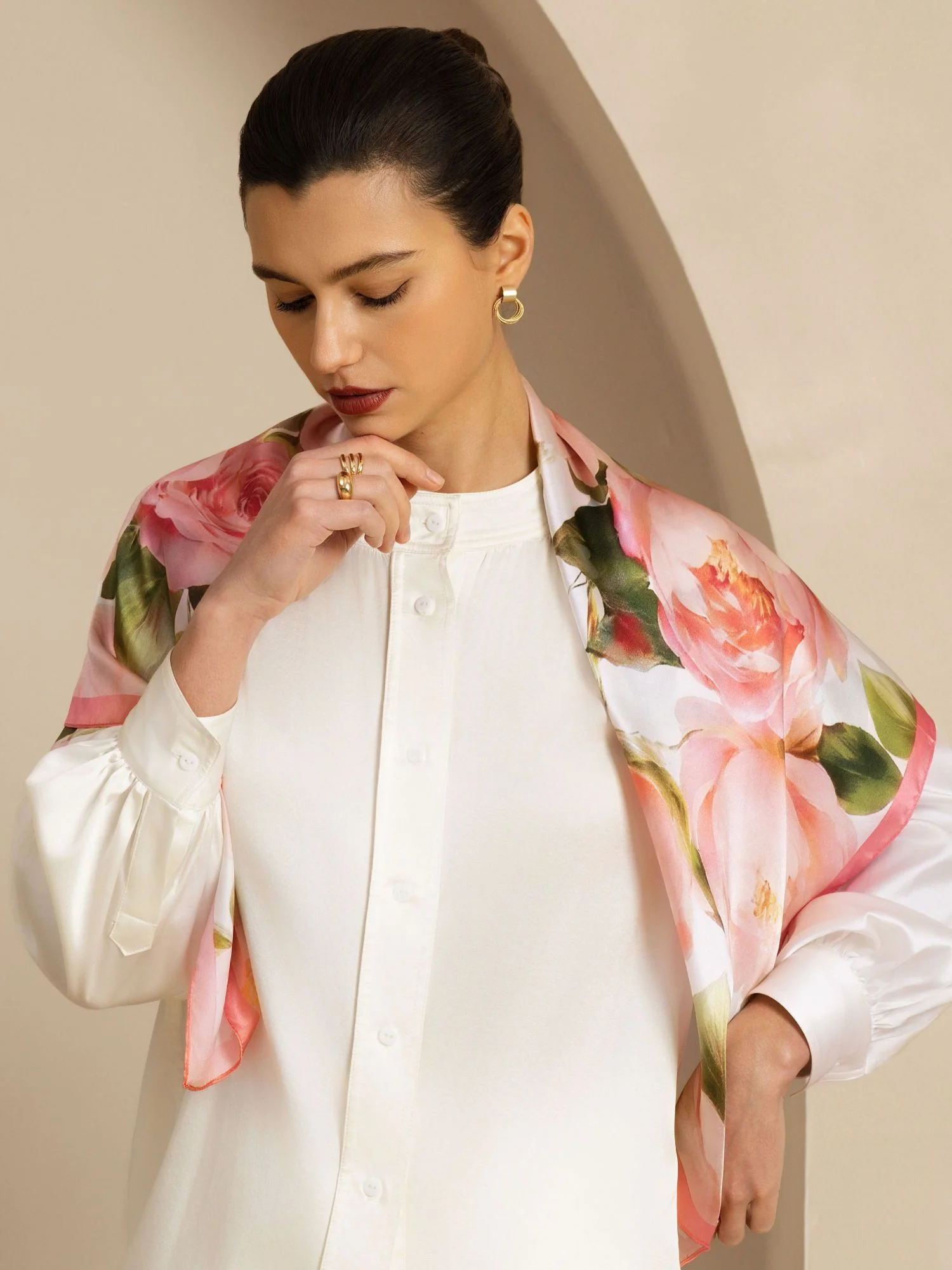 Pure Silk Pink Floral Print Square Scarf - Size 90x90cm - Image 4